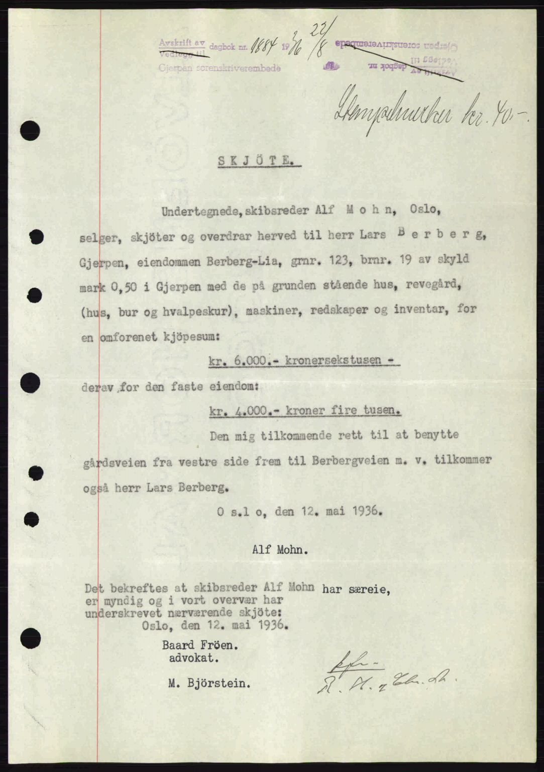 Gjerpen sorenskriveri, SAKO/A-216/G/Ga/Gae/L0067: Pantebok nr. A-66 - A-68, 1936-1937, Dagboknr: 1884/1936