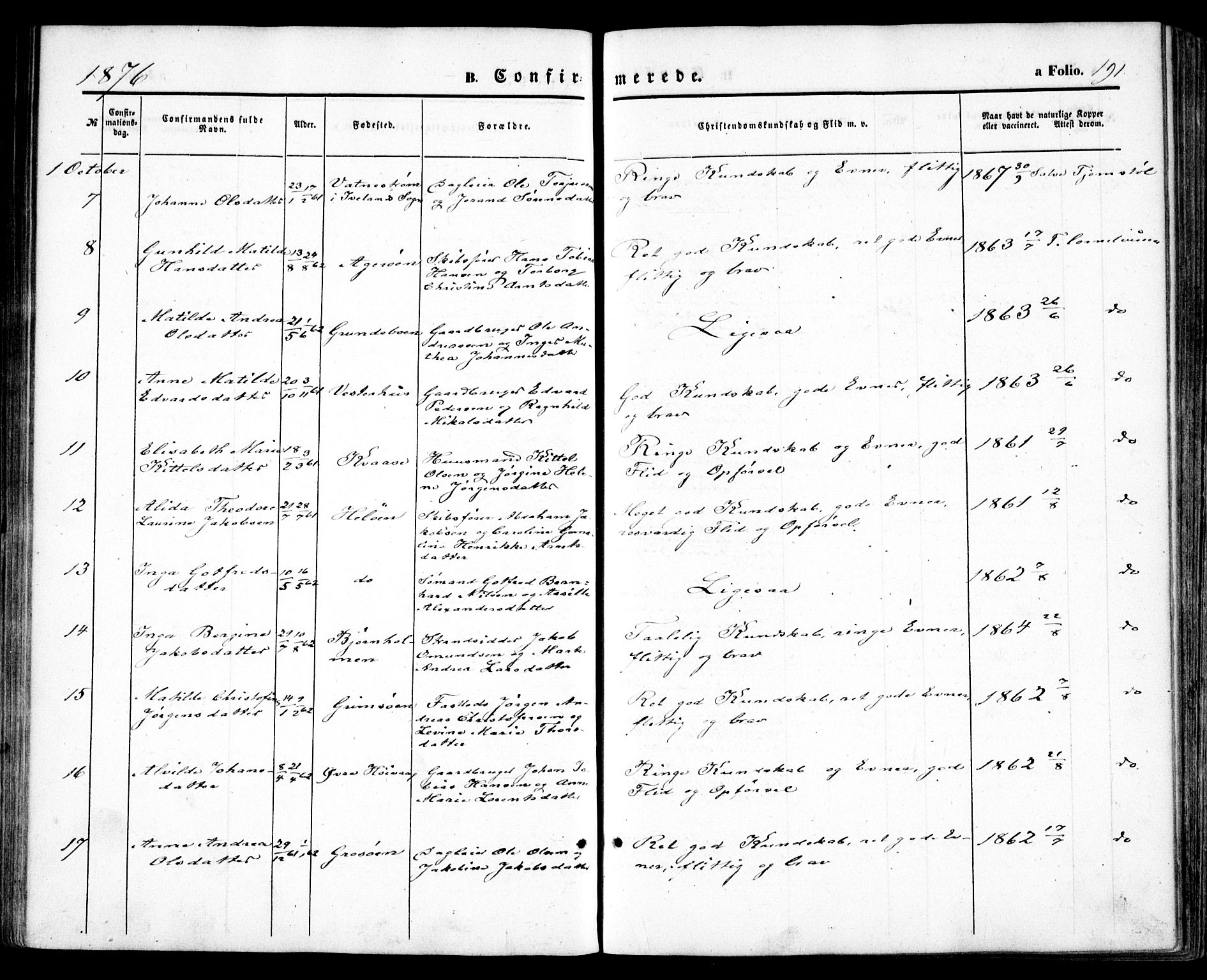 Høvåg sokneprestkontor, SAK/1111-0025/F/Fa/L0004: Ministerialbok nr. A 4, 1859-1877, s. 191