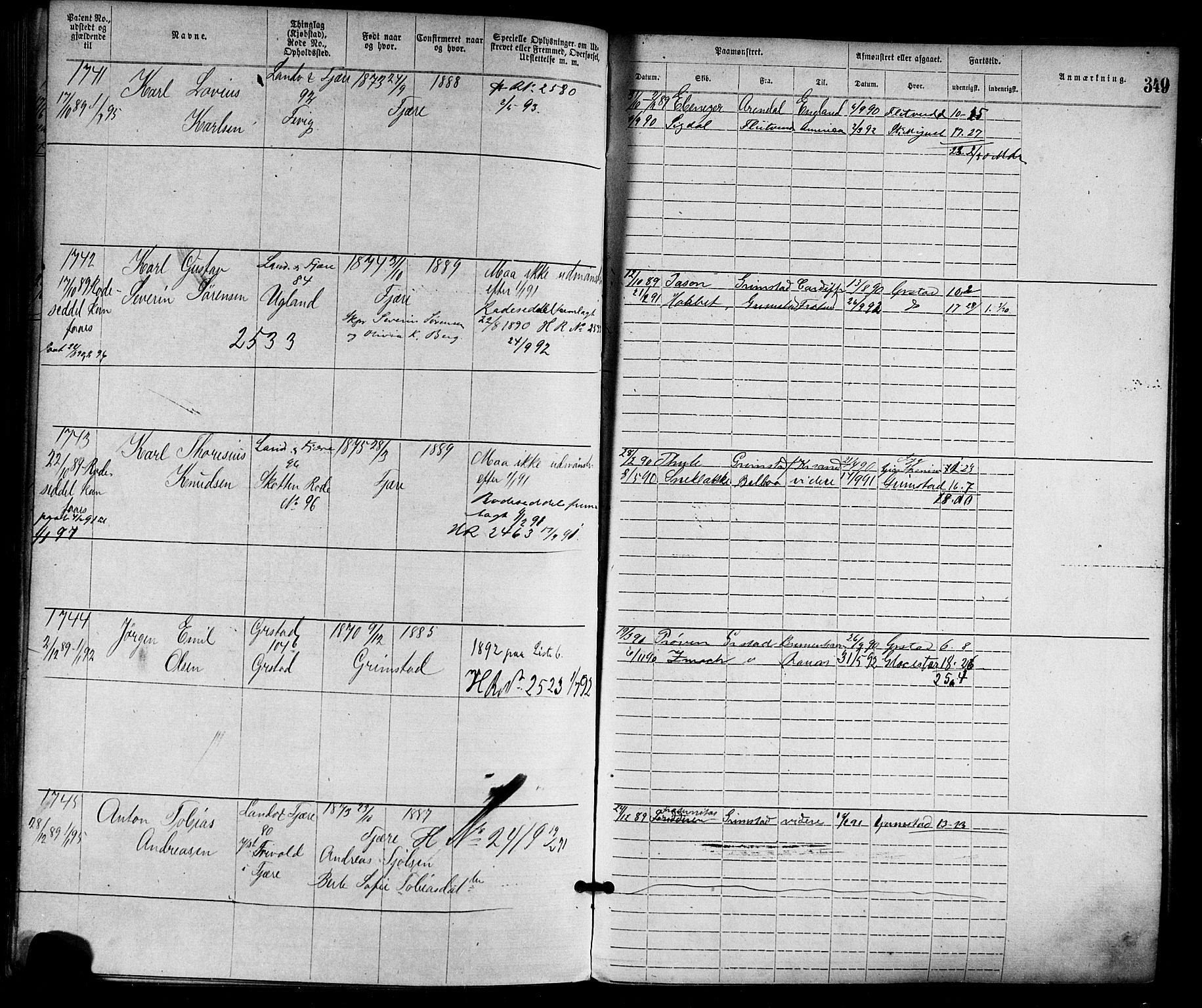 Grimstad mønstringskrets, AV/SAK-2031-0013/F/Fa/L0001: Annotasjonsrulle nr 1-1920 med register, F-1, 1870-1892, s. 382