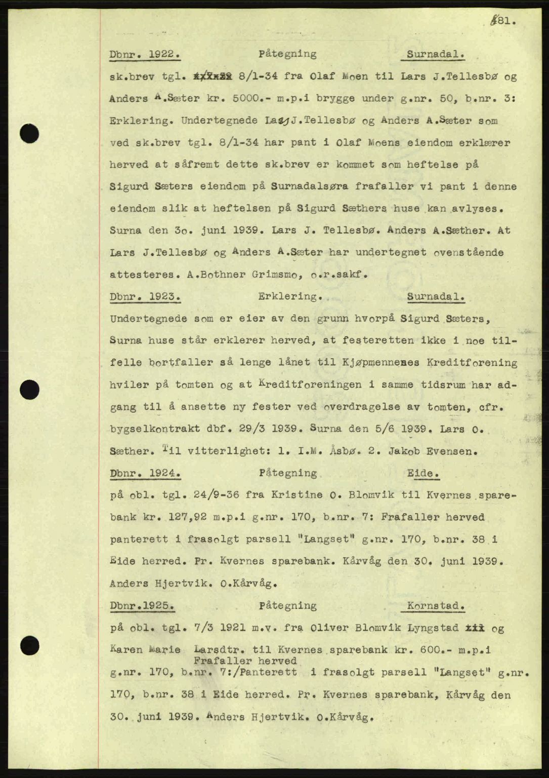 Nordmøre sorenskriveri, SAT/A-4132/1/2/2Ca: Pantebok nr. C80, 1936-1939, Dagboknr: 1922/1939