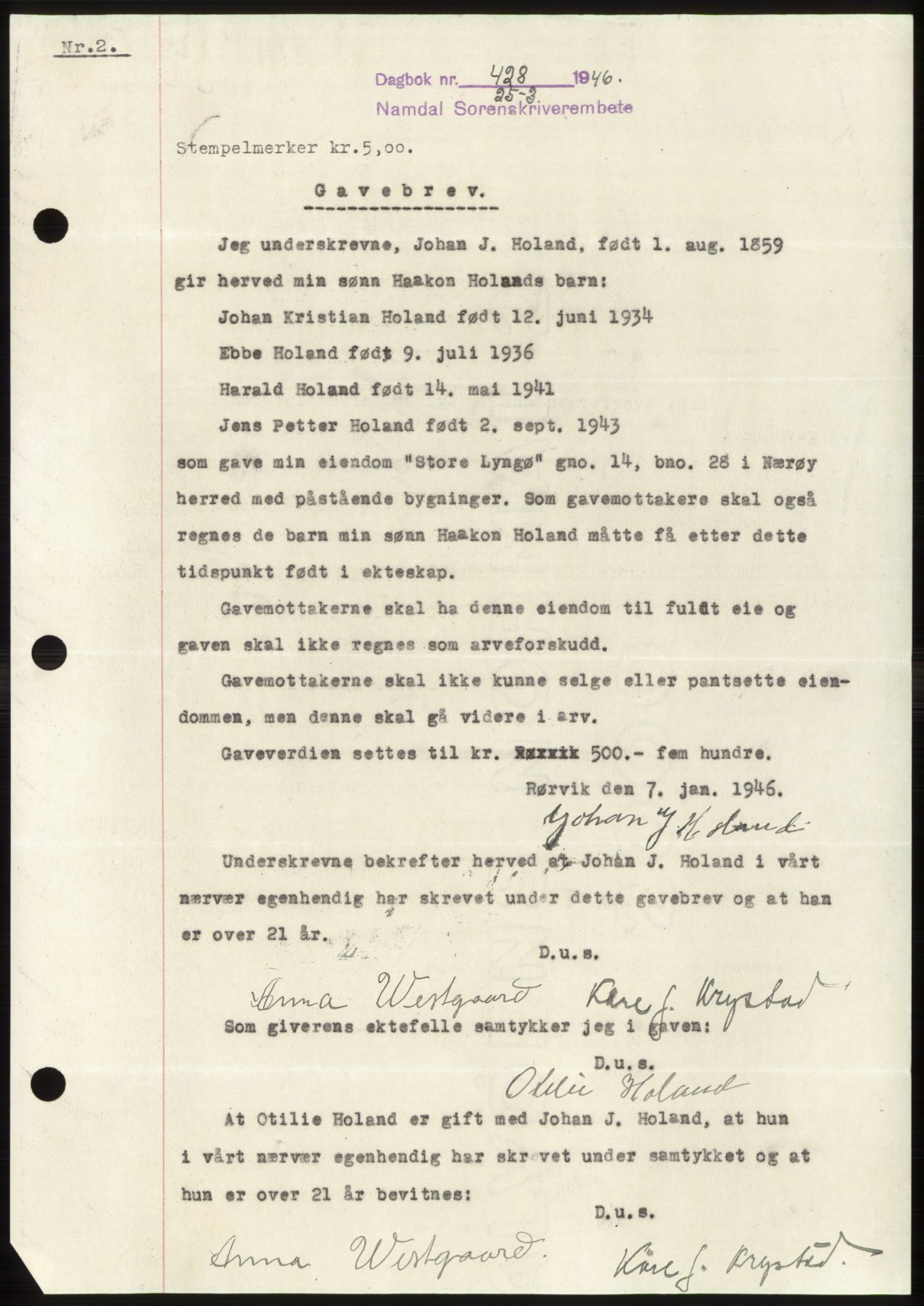 Namdal sorenskriveri, SAT/A-4133/1/2/2C: Pantebok nr. -, 1946-1946, Dagboknr: 428/1946