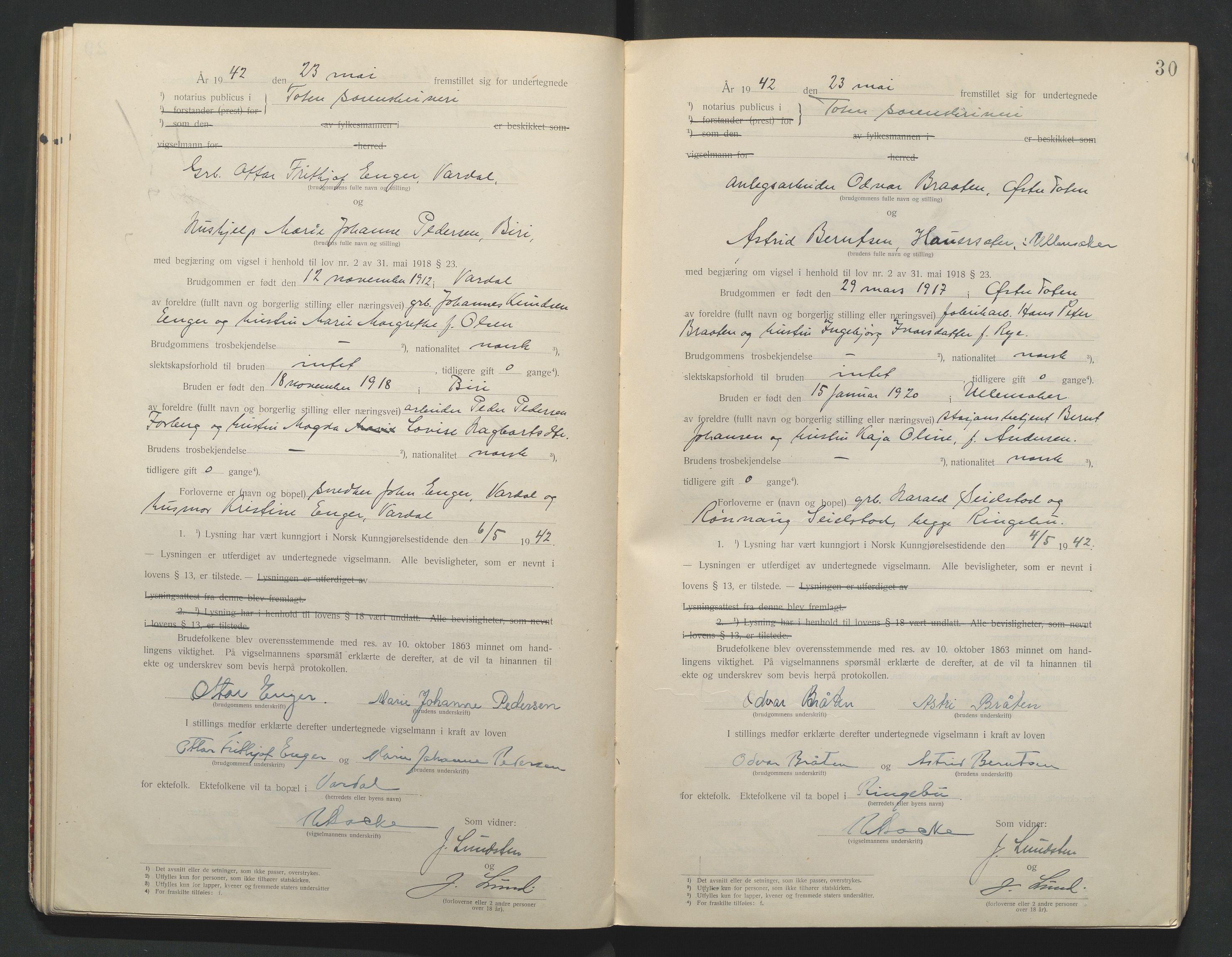 Toten tingrett, AV/SAH-TING-006/L/Lc/L0001: Vigselbok, 1920-1942, s. 30