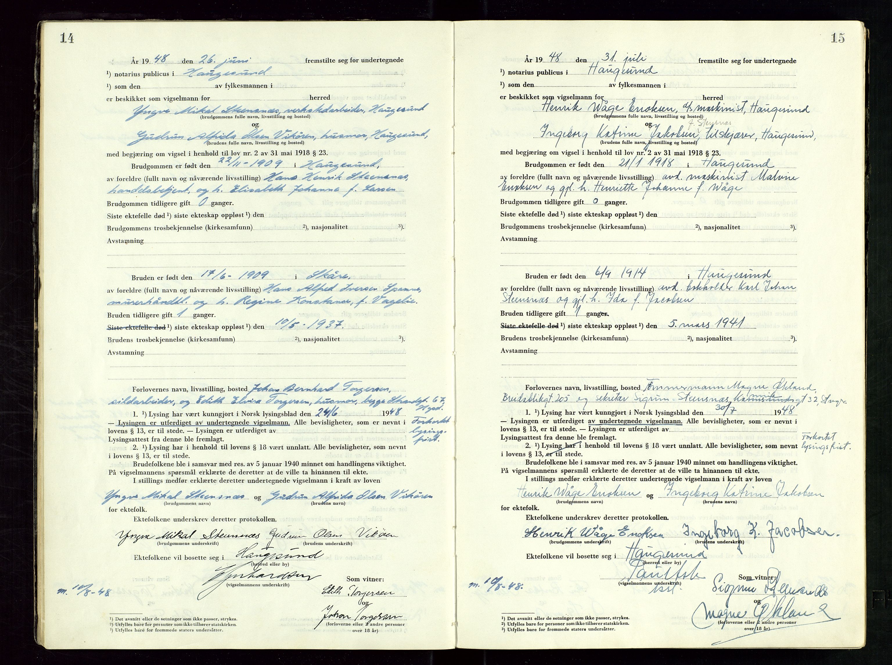 Haugesund tingrett, AV/SAST-A-101415/01/III/IIID/L0006: Vigselbok, 1948-1956, s. 14-15