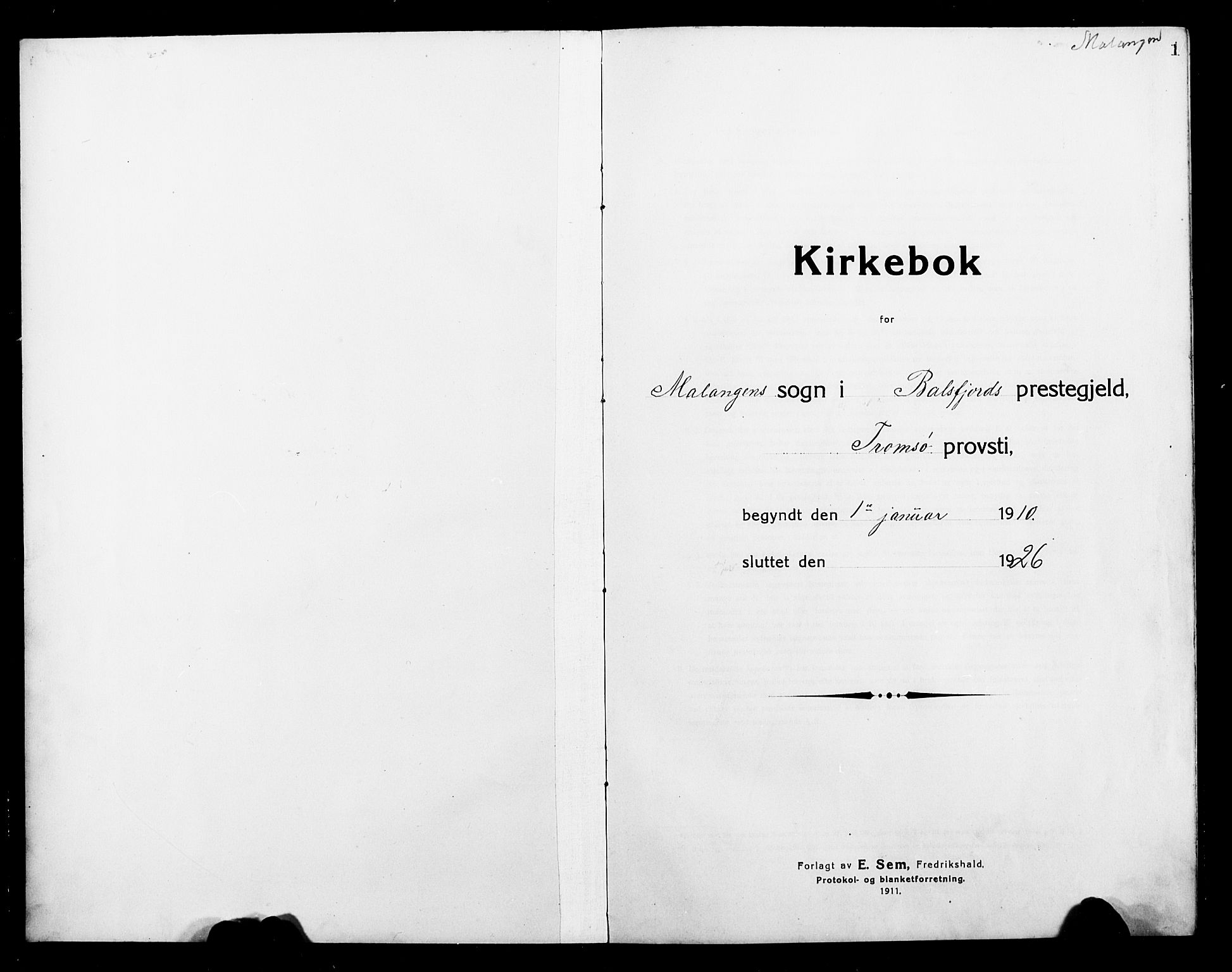Balsfjord sokneprestembete, SATØ/S-1303/G/Ga/L0004klokker: Klokkerbok nr. 4, 1910-1926, s. 1