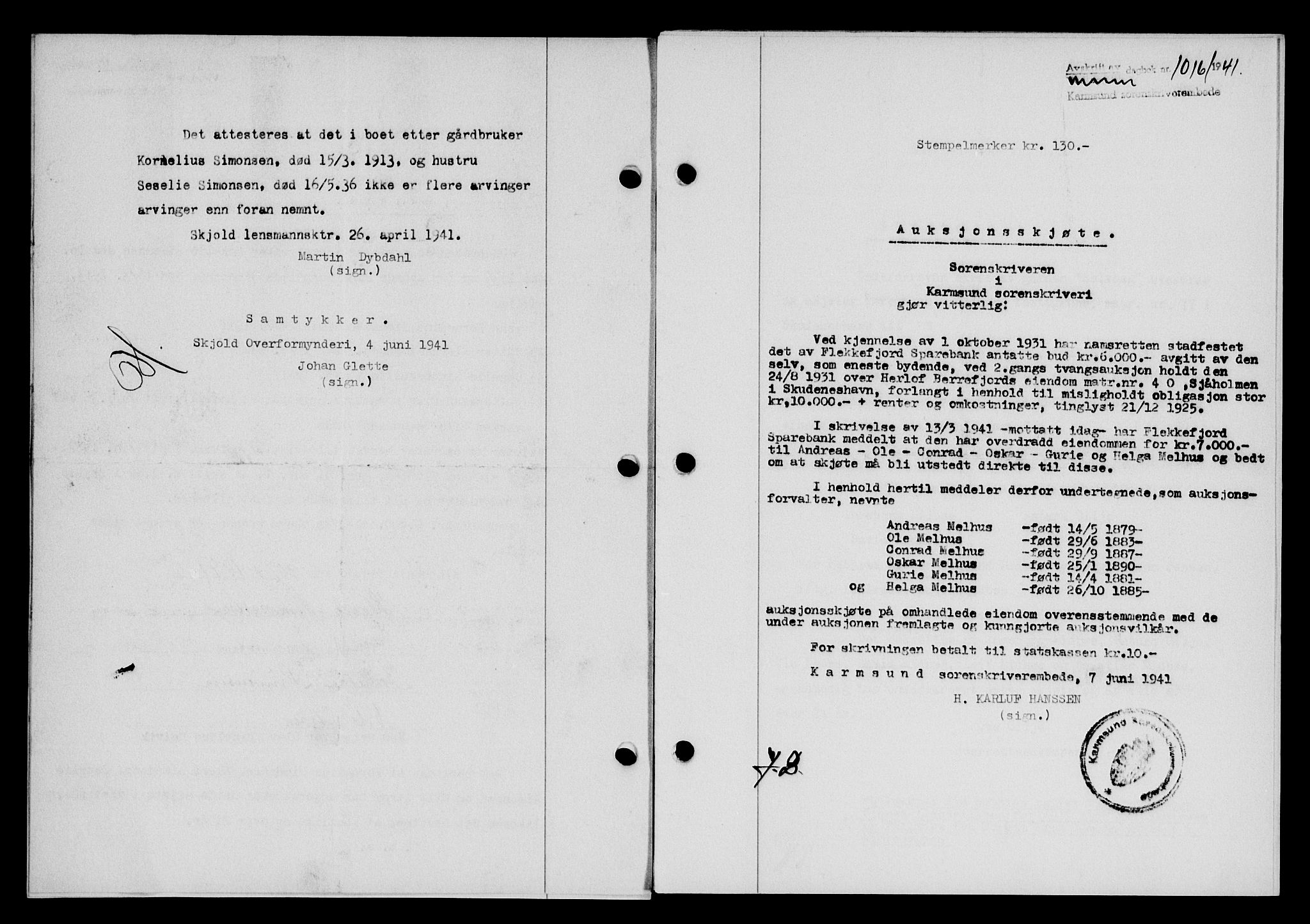 Karmsund sorenskriveri, SAST/A-100311/01/II/IIB/L0075: Pantebok nr. 56A, 1941-1941, Dagboknr: 1016/1941