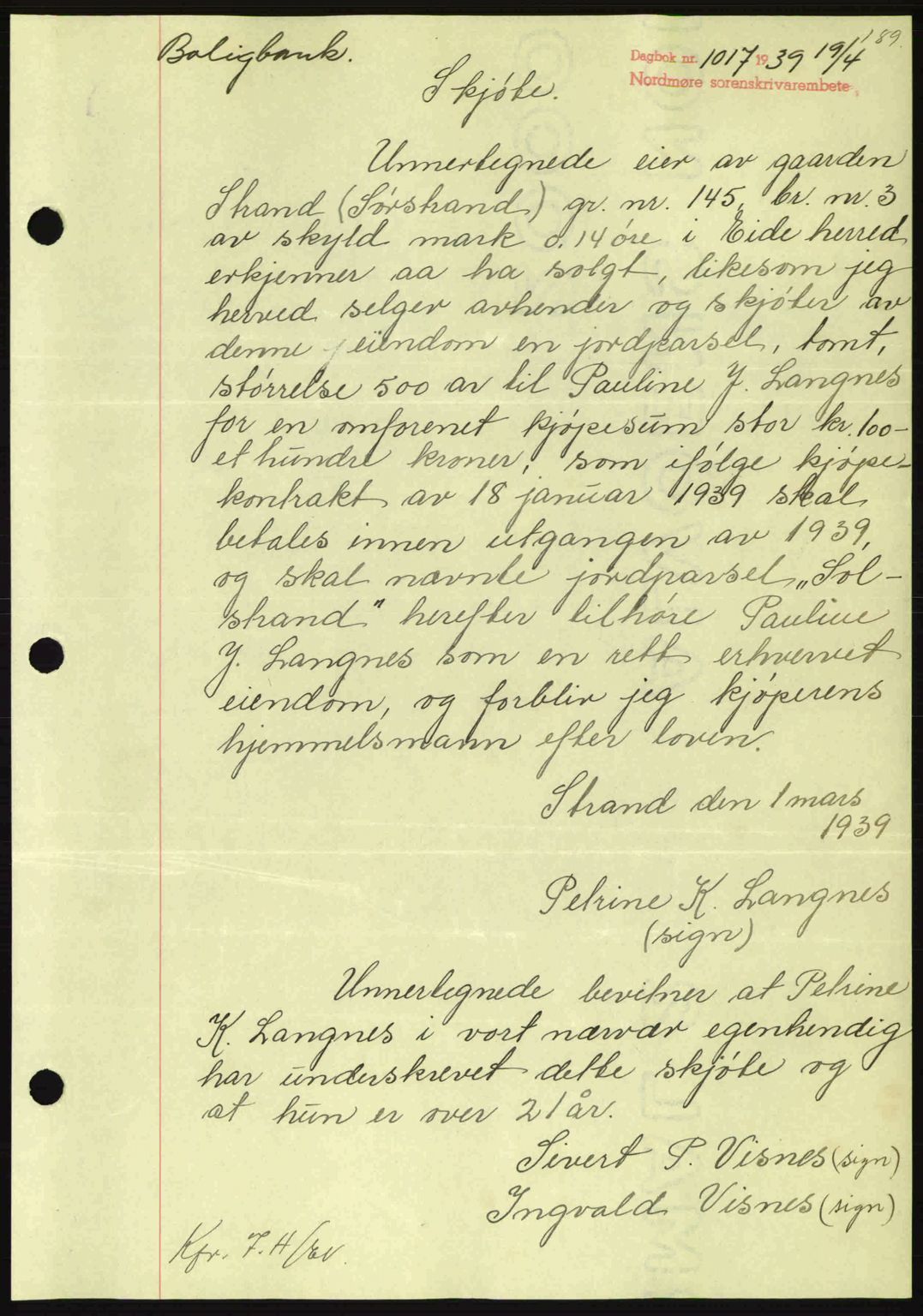Nordmøre sorenskriveri, SAT/A-4132/1/2/2Ca: Pantebok nr. A86, 1939-1939, Dagboknr: 1017/1939