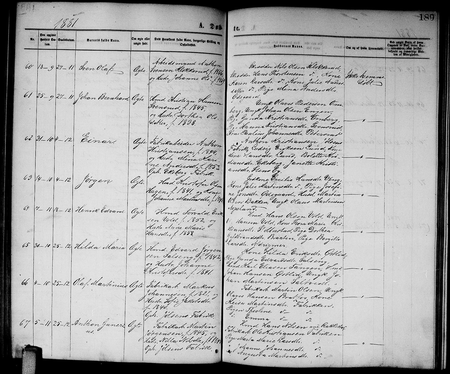 Enebakk prestekontor Kirkebøker, AV/SAO-A-10171c/G/Ga/L0005: Klokkerbok nr. I 5, 1867-1888, s. 189