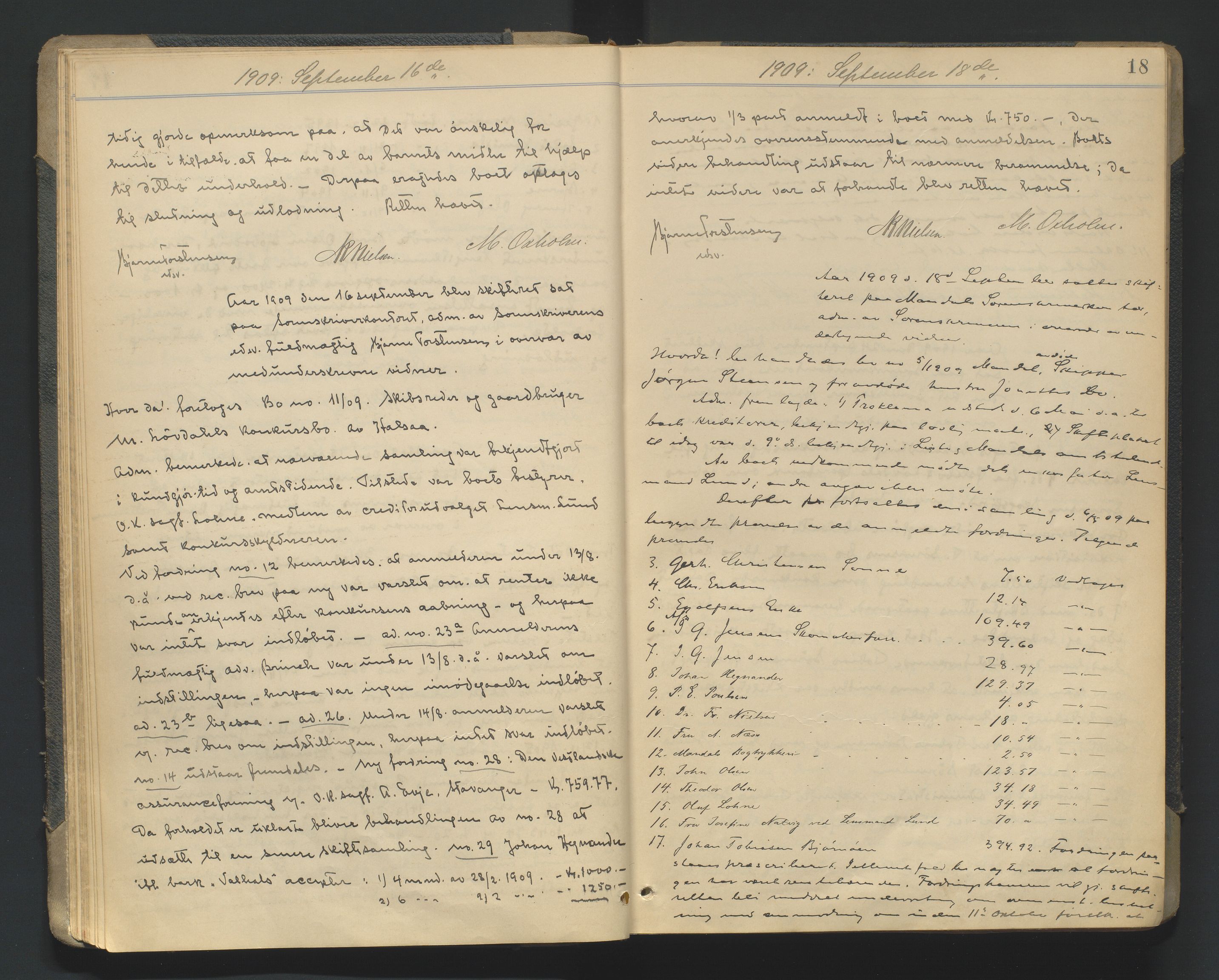 Mandal sorenskriveri, AV/SAK-1221-0005/001/H/Hc/L0081: Skifteforhandlingsprotokoll nr 13, 1909-1913, s. 18