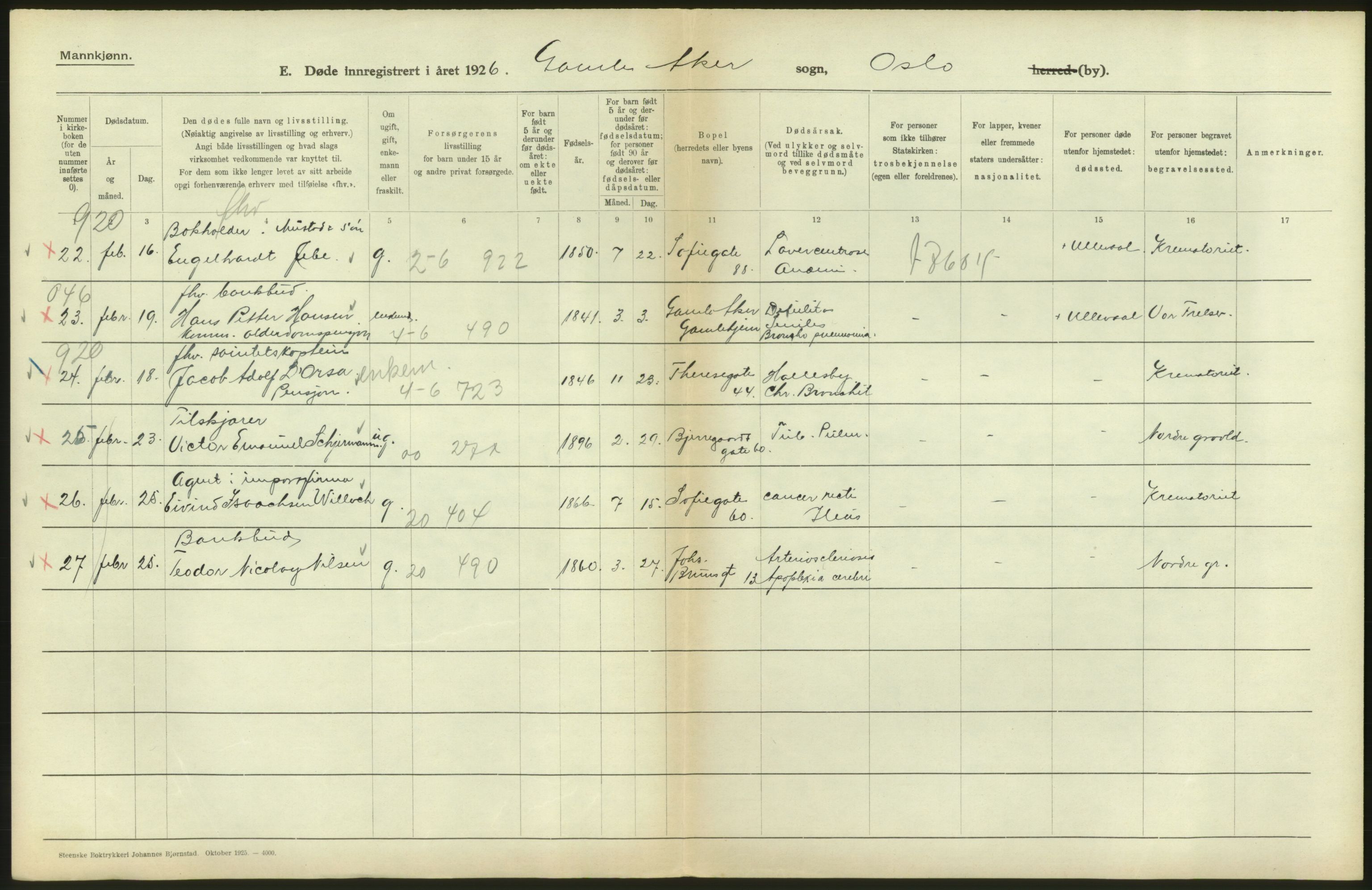 Statistisk sentralbyrå, Sosiodemografiske emner, Befolkning, AV/RA-S-2228/D/Df/Dfc/Dfcf/L0009: Oslo: Døde menn, 1926, s. 192