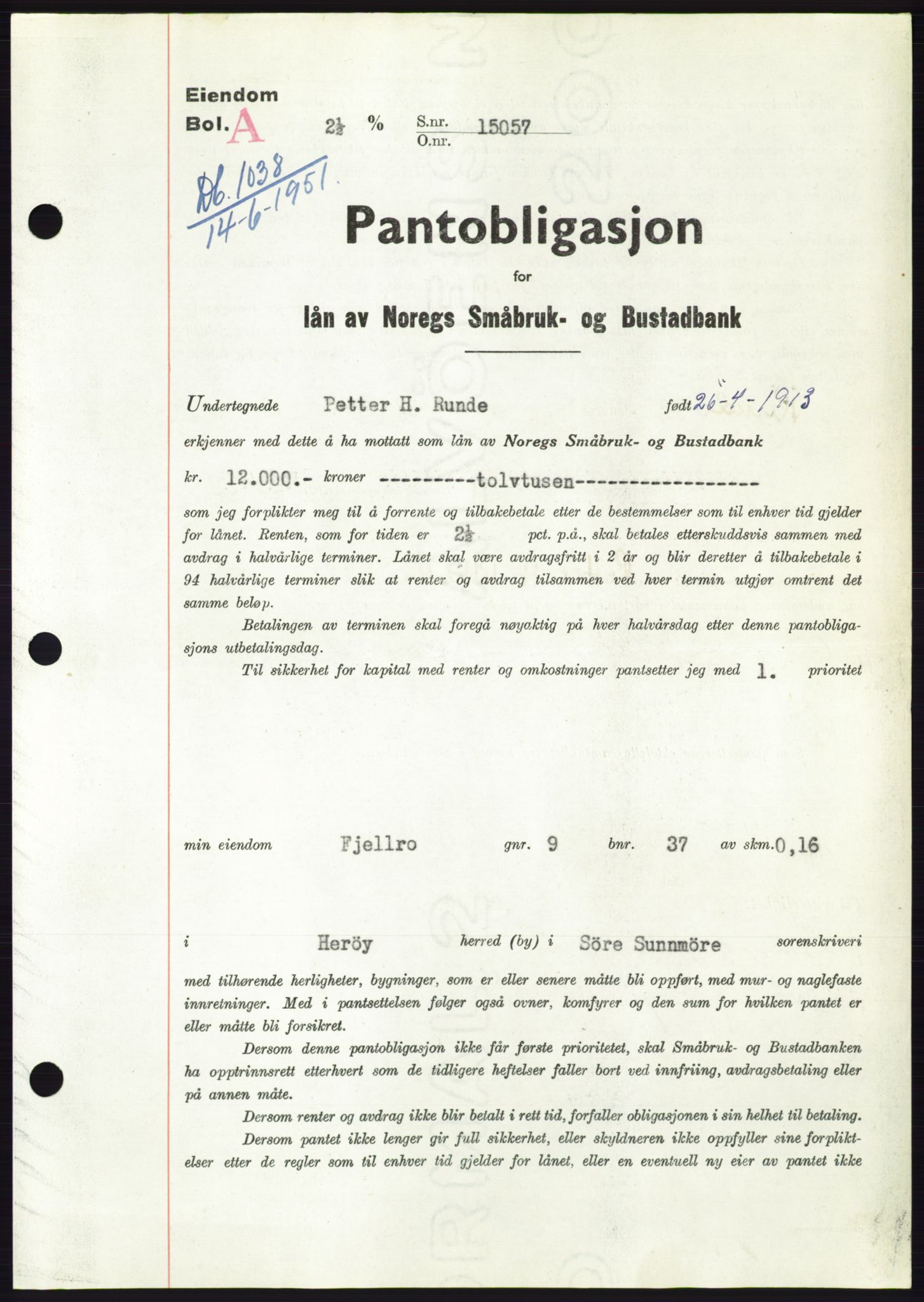 Søre Sunnmøre sorenskriveri, SAT/A-4122/1/2/2C/L0120: Pantebok nr. 8B, 1951-1951, Dagboknr: 1038/1951