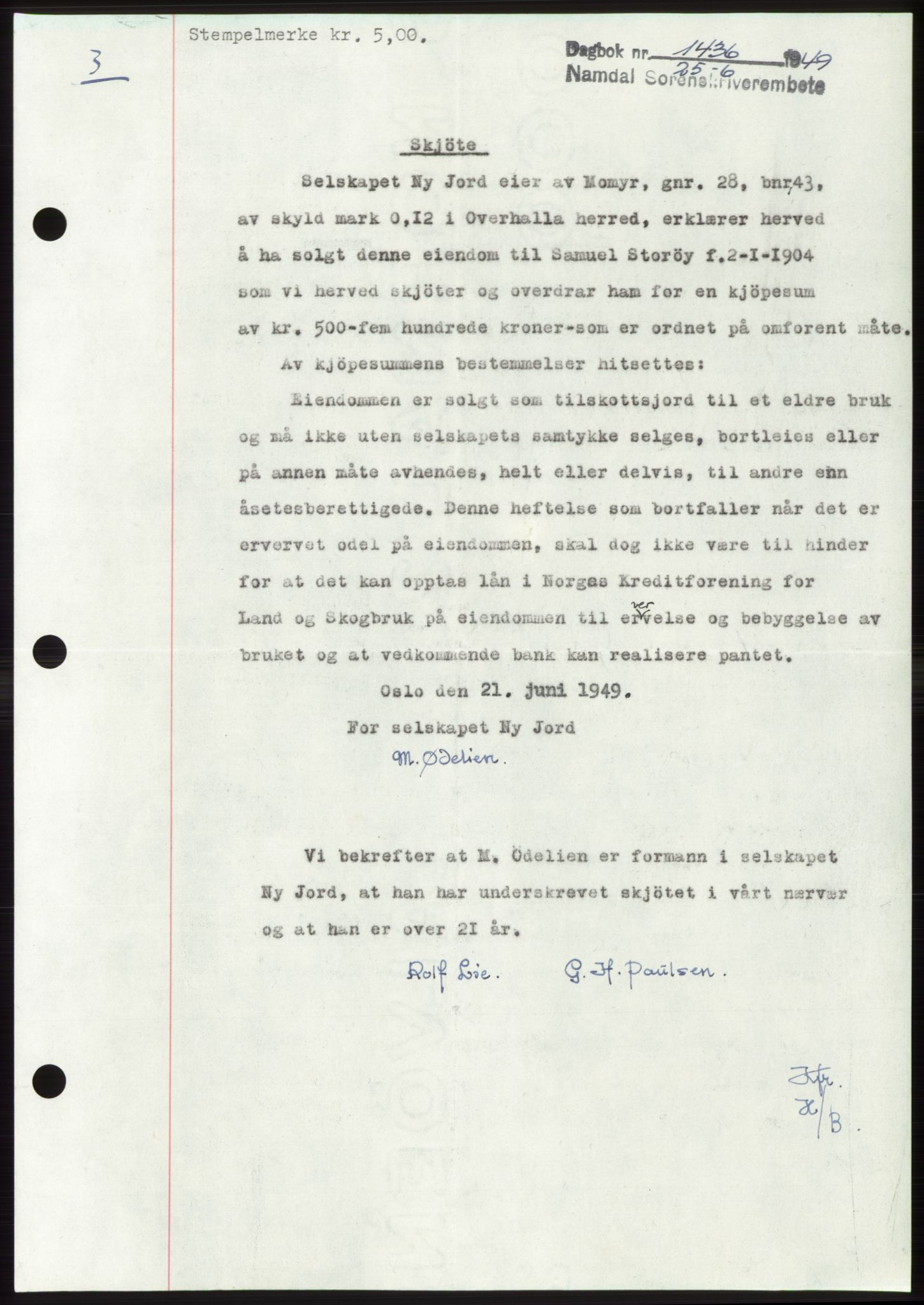 Namdal sorenskriveri, SAT/A-4133/1/2/2C: Pantebok nr. -, 1949-1949, Dagboknr: 1436/1949