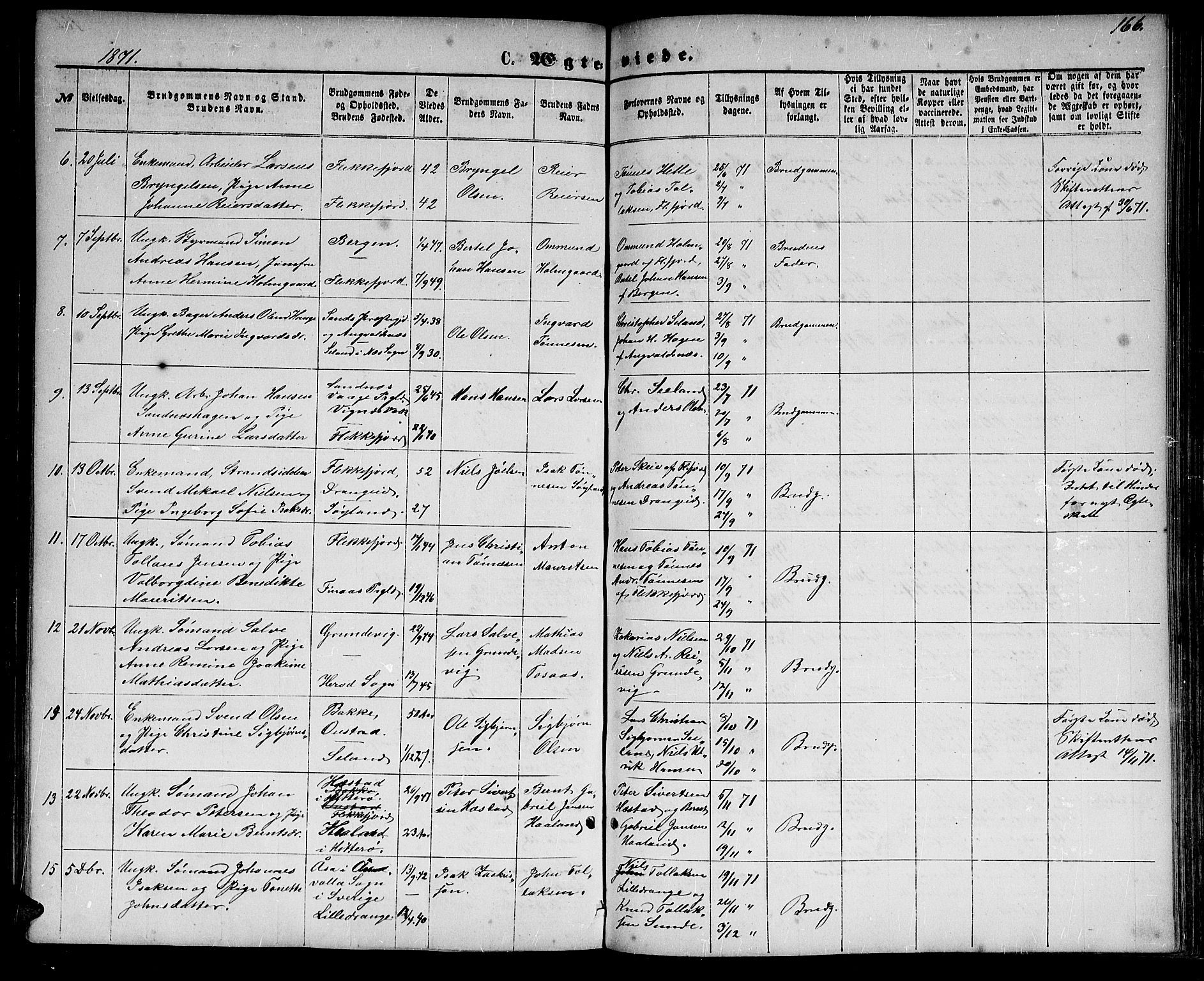 Flekkefjord sokneprestkontor, AV/SAK-1111-0012/F/Fb/Fbc/L0006: Klokkerbok nr. B 6, 1866-1879, s. 166