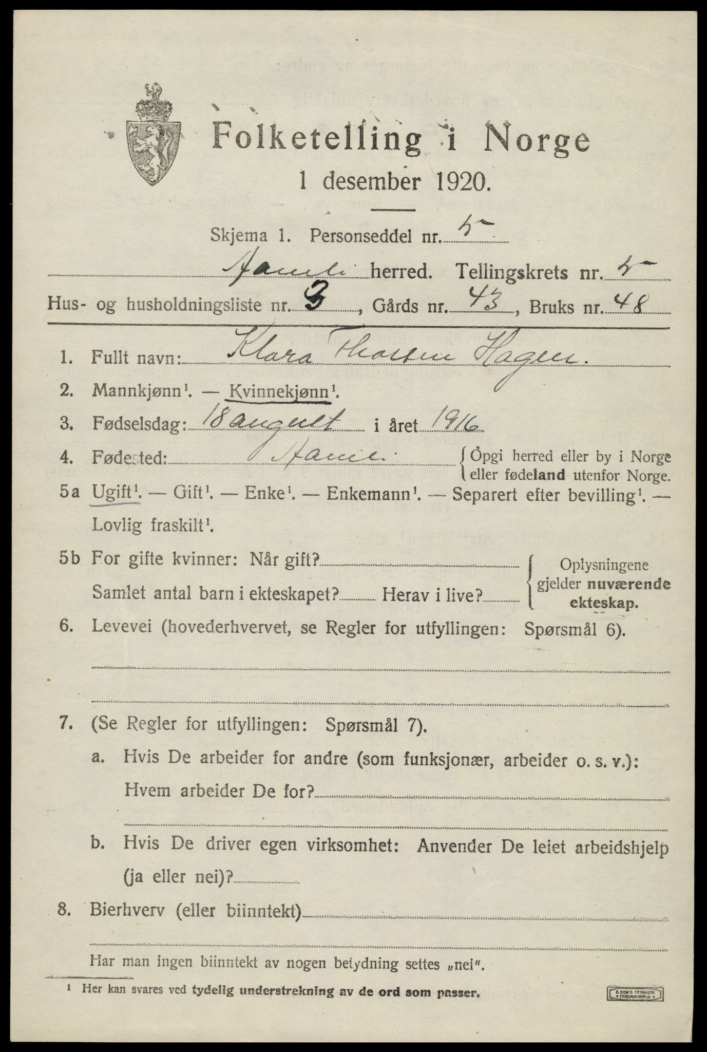 SAK, Folketelling 1920 for 0929 Åmli herred, 1920, s. 2315