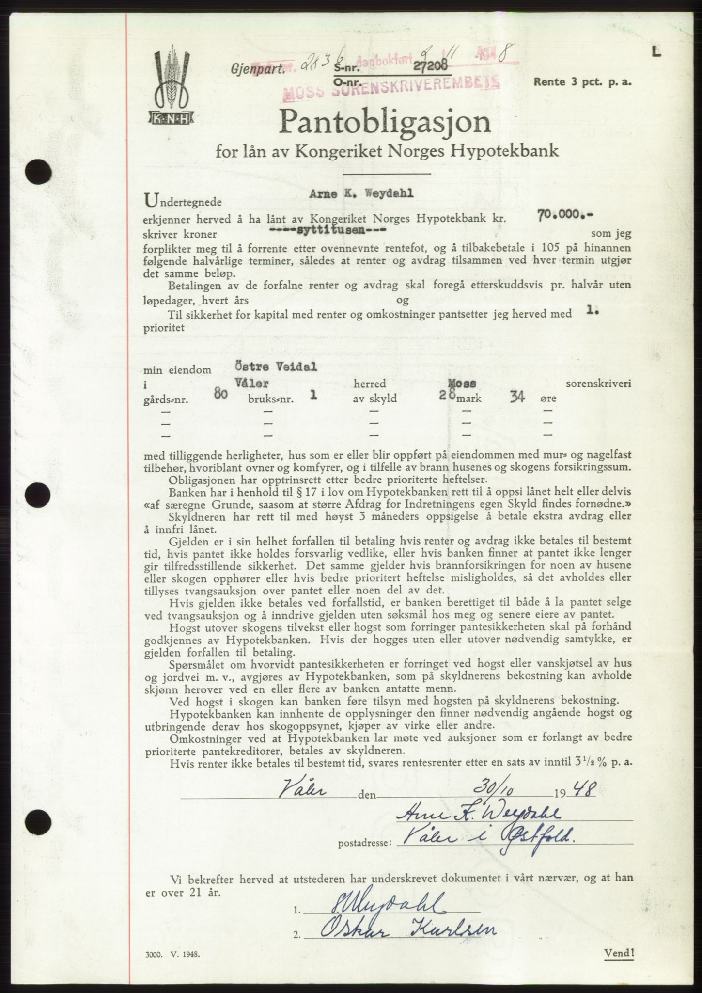 Moss sorenskriveri, AV/SAO-A-10168: Pantebok nr. B20, 1948-1948, Dagboknr: 2836/1948
