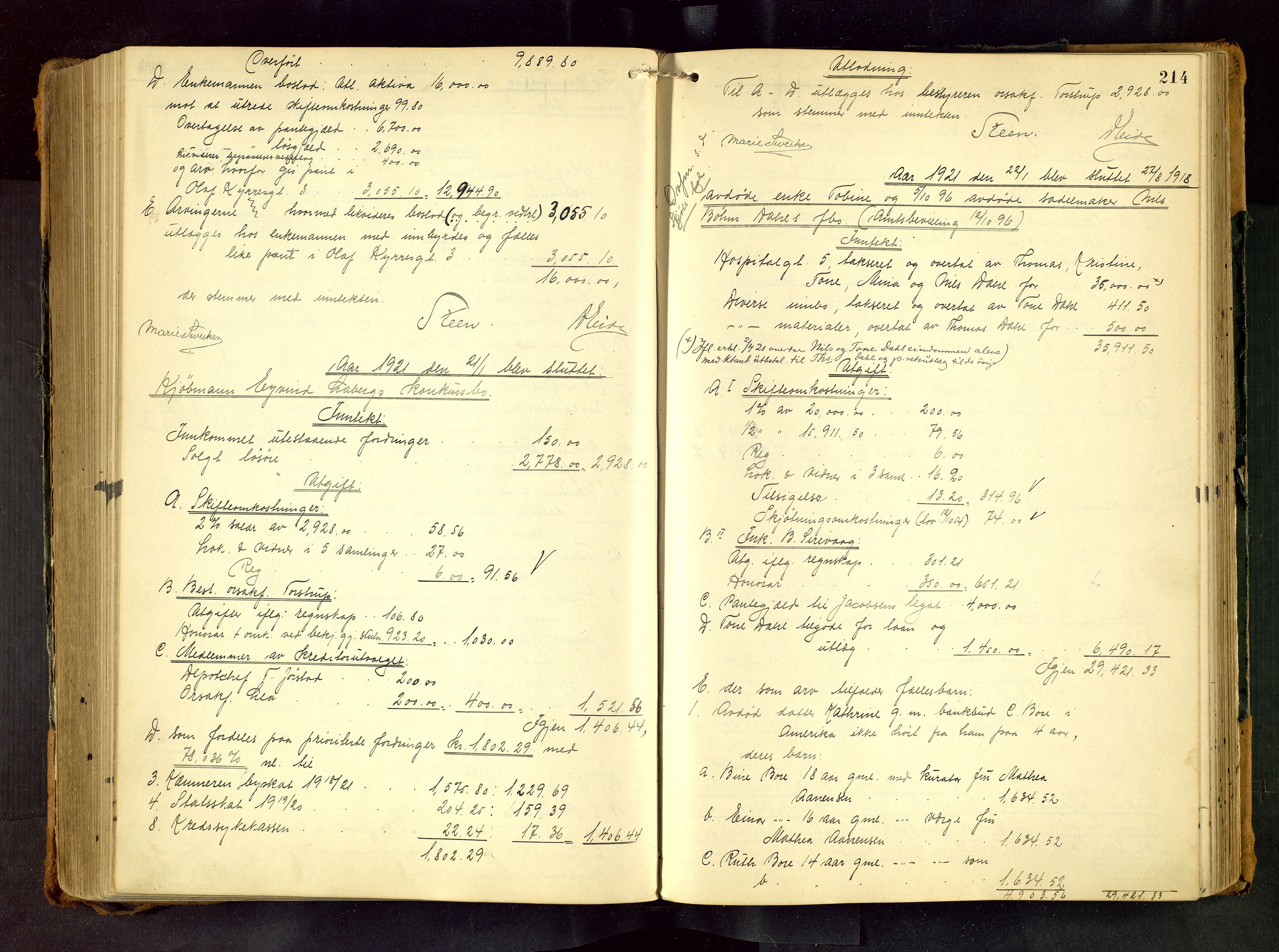 Stavanger skifteforvalter, AV/SAST-A-101412/001/5/50/503BB/L0006: Skifteutlodningsprotokoll, 1915-1922, s. 214