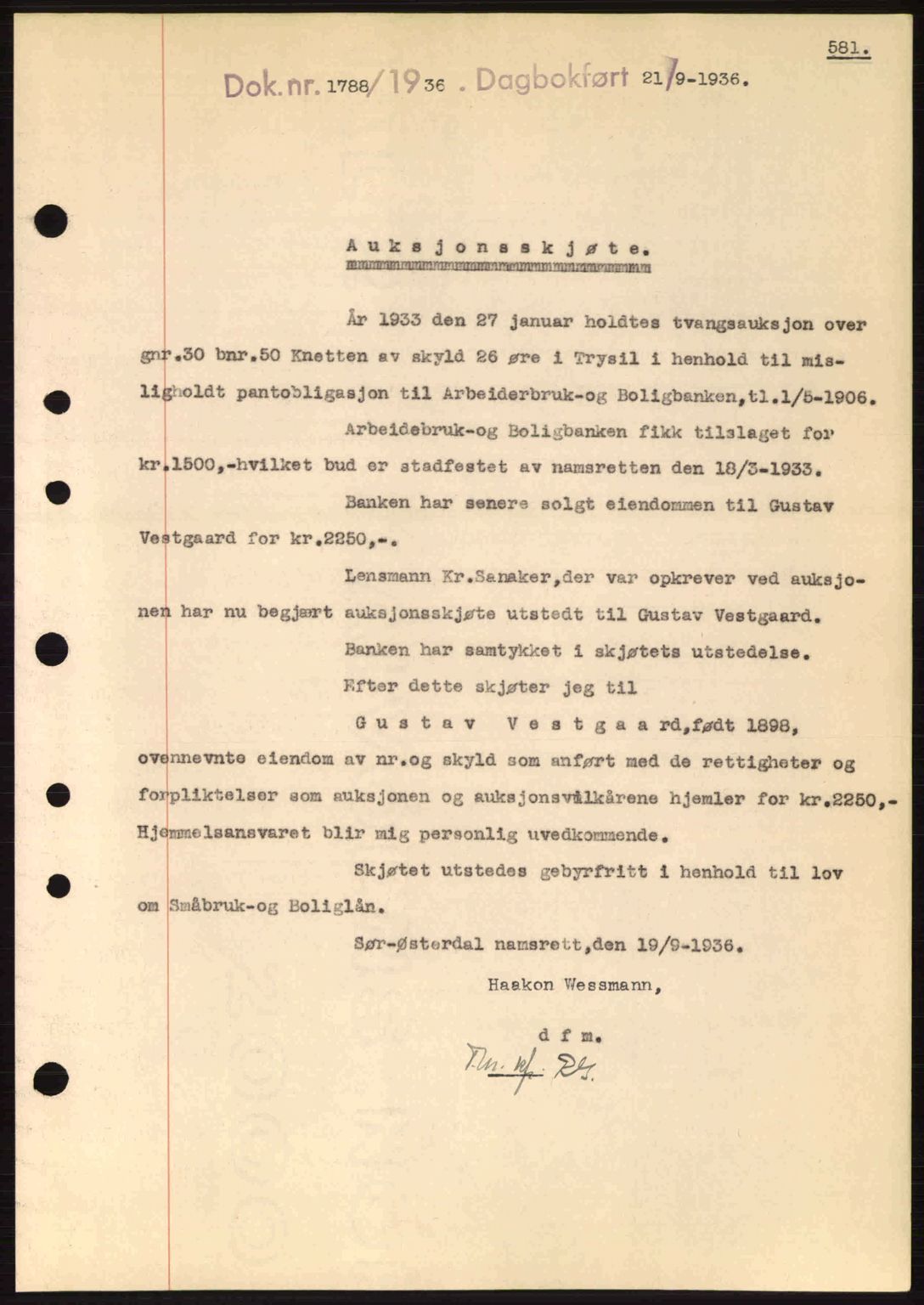 Sør-Østerdal sorenskriveri, SAH/TING-018/H/Hb/Hbb/L0054: Pantebok nr. A54, 1936-1936, Dagboknr: 1788/1936