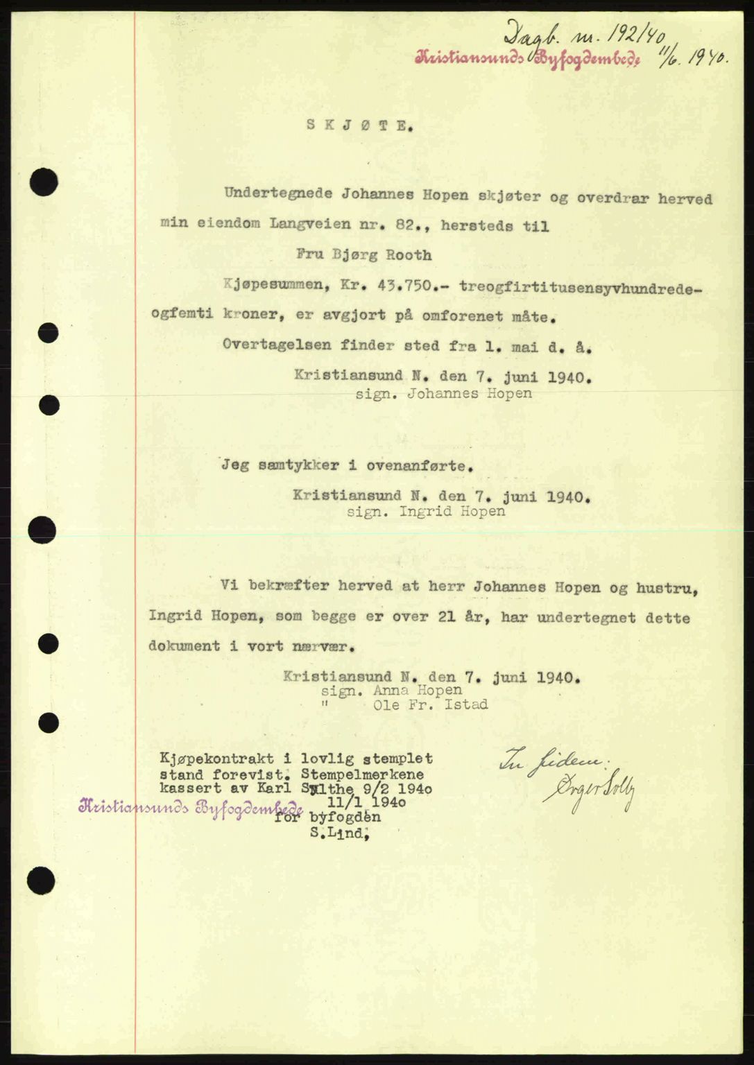 Kristiansund byfogd, AV/SAT-A-4587/A/27: Pantebok nr. 30, 1936-1941, Dagboknr: 192/1940