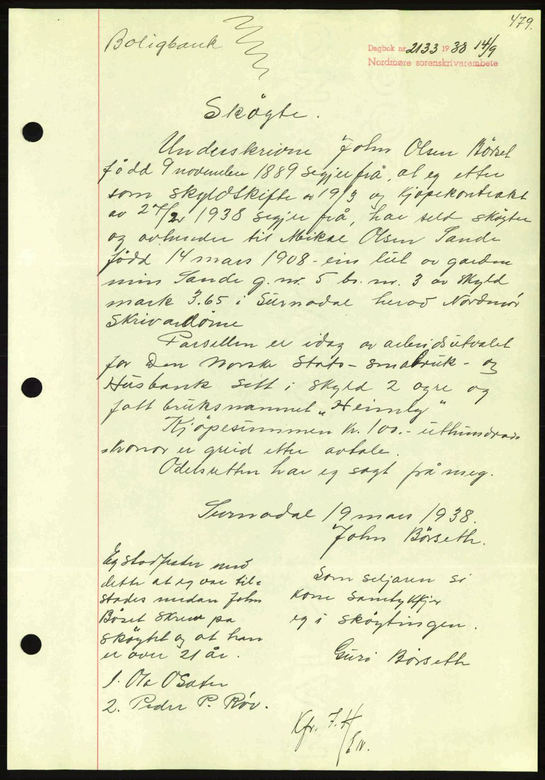 Nordmøre sorenskriveri, SAT/A-4132/1/2/2Ca: Pantebok nr. A84, 1938-1938, Dagboknr: 2133/1938