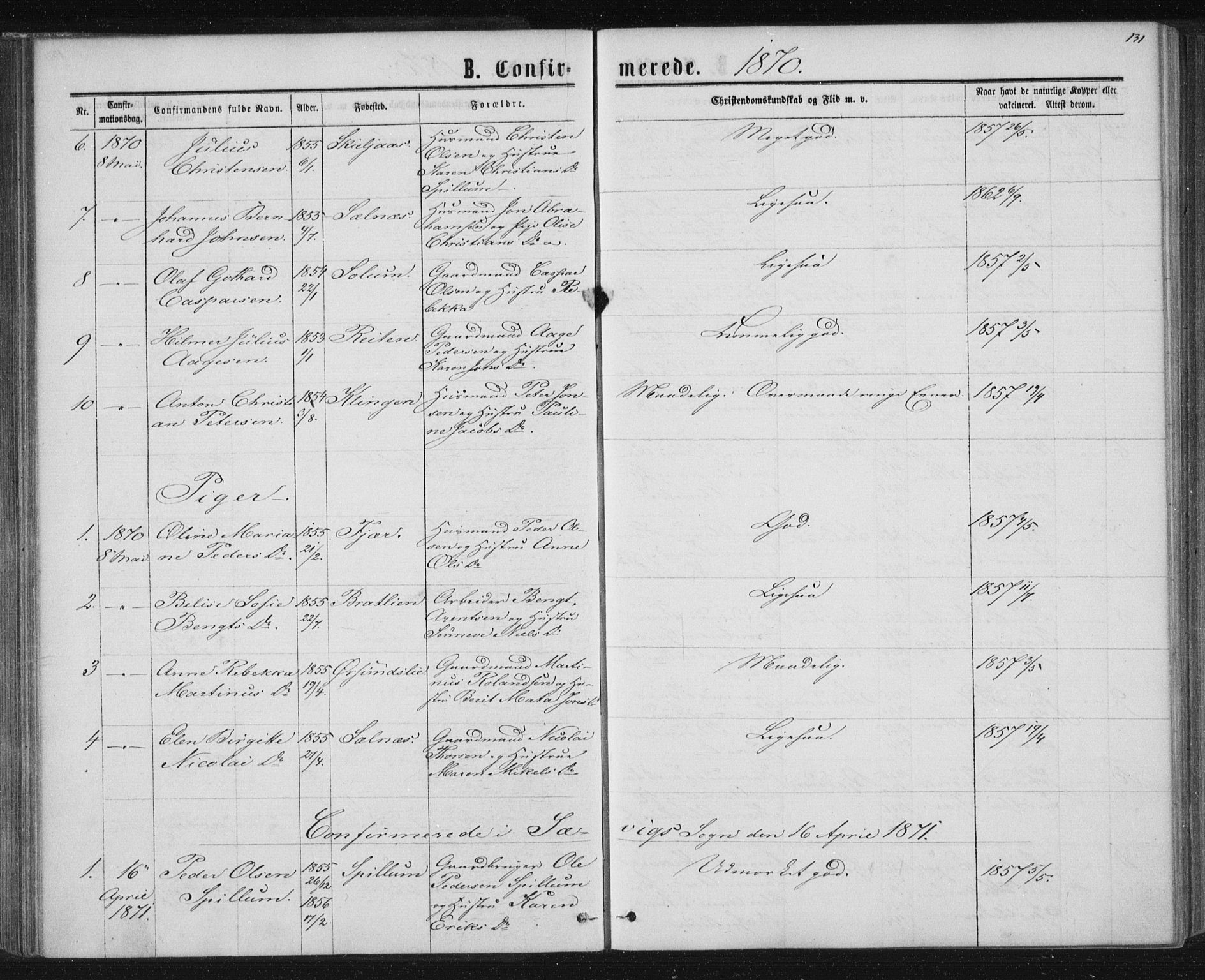 Ministerialprotokoller, klokkerbøker og fødselsregistre - Nord-Trøndelag, AV/SAT-A-1458/768/L0570: Ministerialbok nr. 768A05, 1865-1874, s. 131