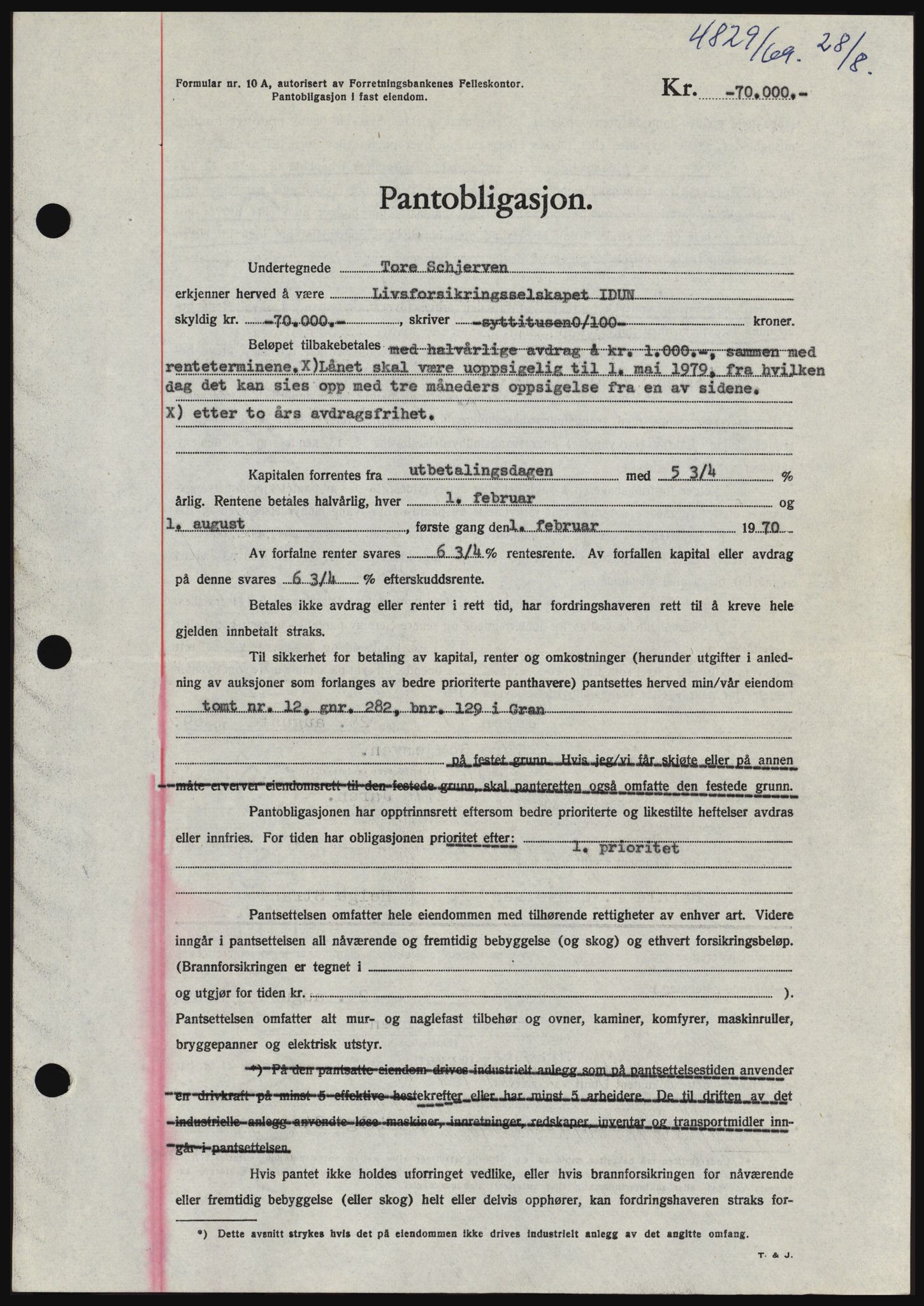 Hadeland og Land tingrett, SAH/TING-010/H/Hb/Hbc/L0074: Pantebok nr. B74, 1969-1969, Dagboknr: 4829/1969