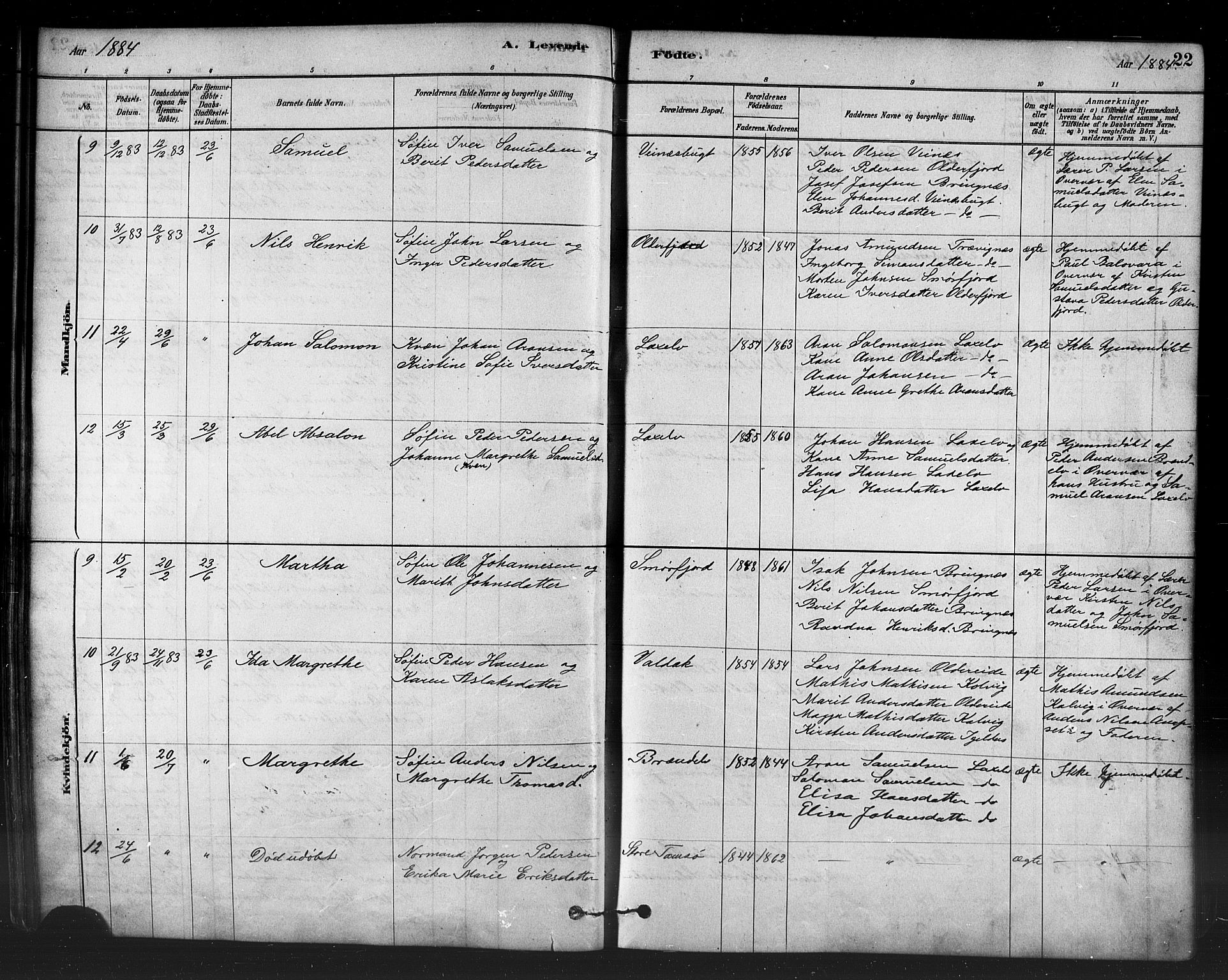 Kistrand/Porsanger sokneprestembete, AV/SATØ-S-1351/H/Ha/L0007.kirke: Ministerialbok nr. 7, 1881-1889, s. 22