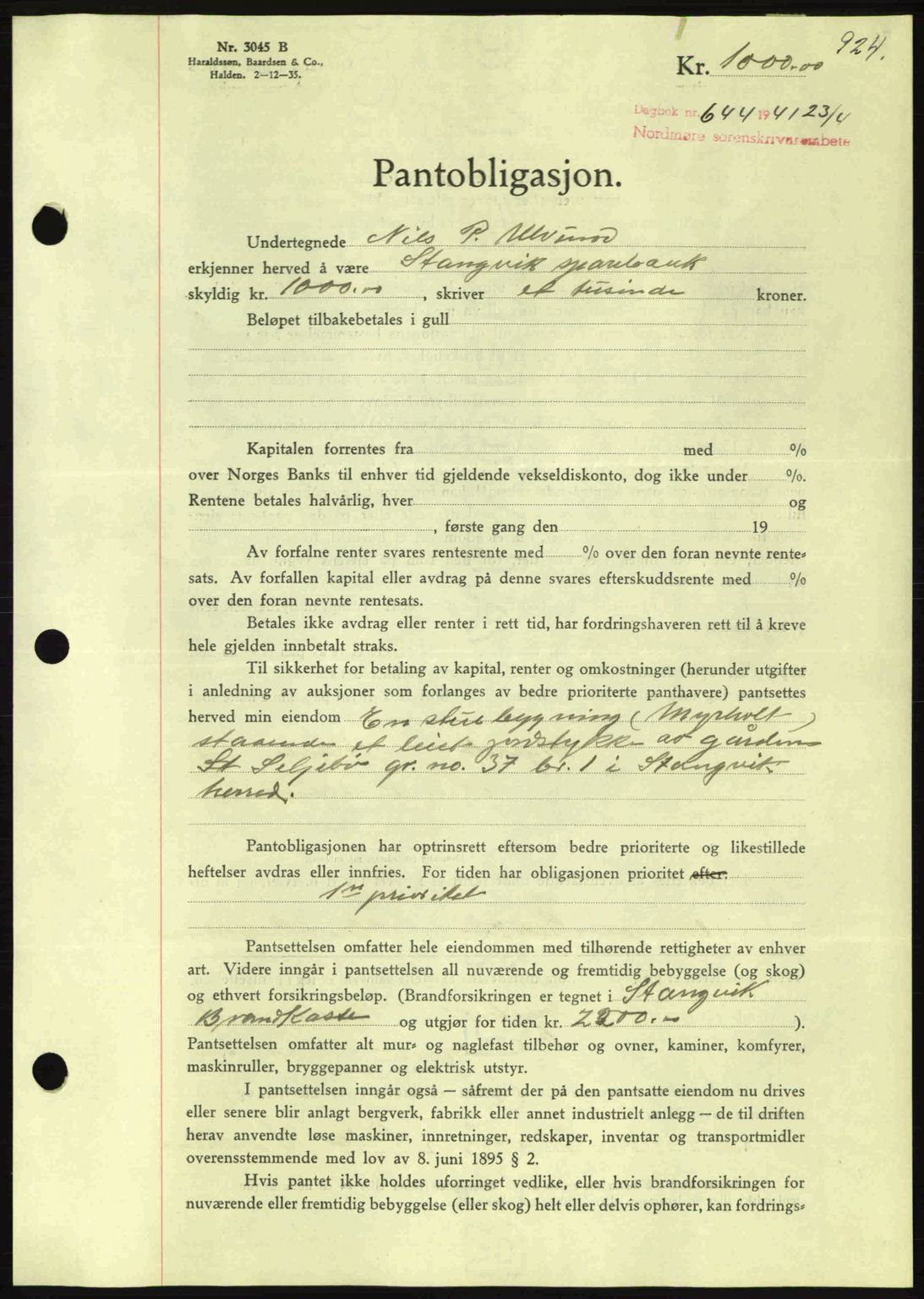 Nordmøre sorenskriveri, AV/SAT-A-4132/1/2/2Ca: Pantebok nr. B87, 1940-1941, Dagboknr: 644/1941