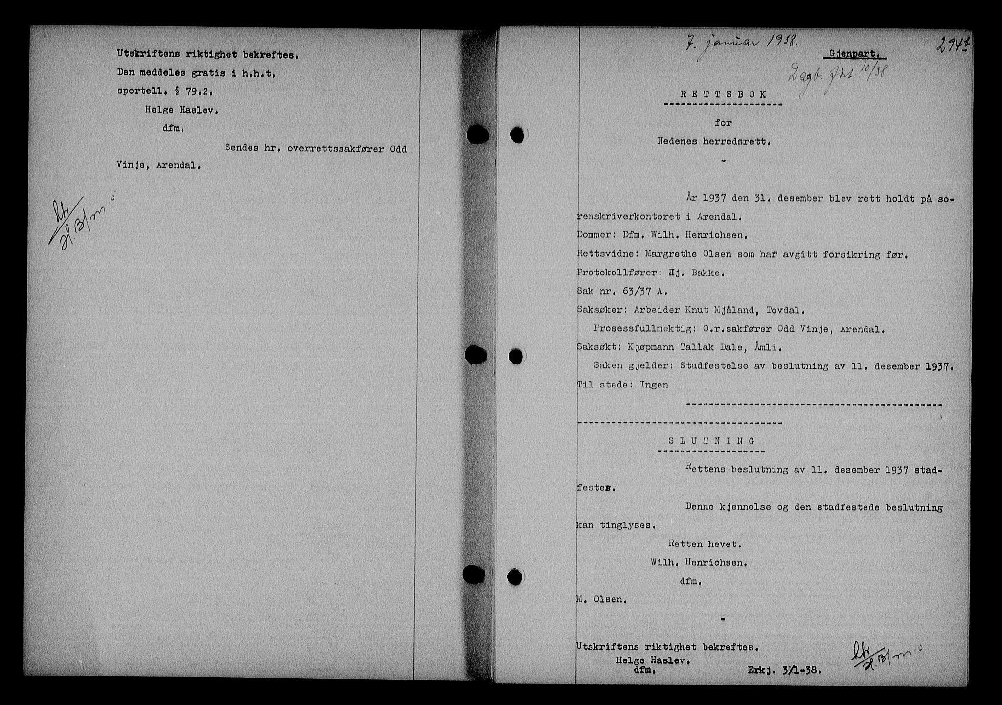 Nedenes sorenskriveri, SAK/1221-0006/G/Gb/Gba/L0044: Pantebok nr. 40, 1937-1938, Dagboknr: 10/1938
