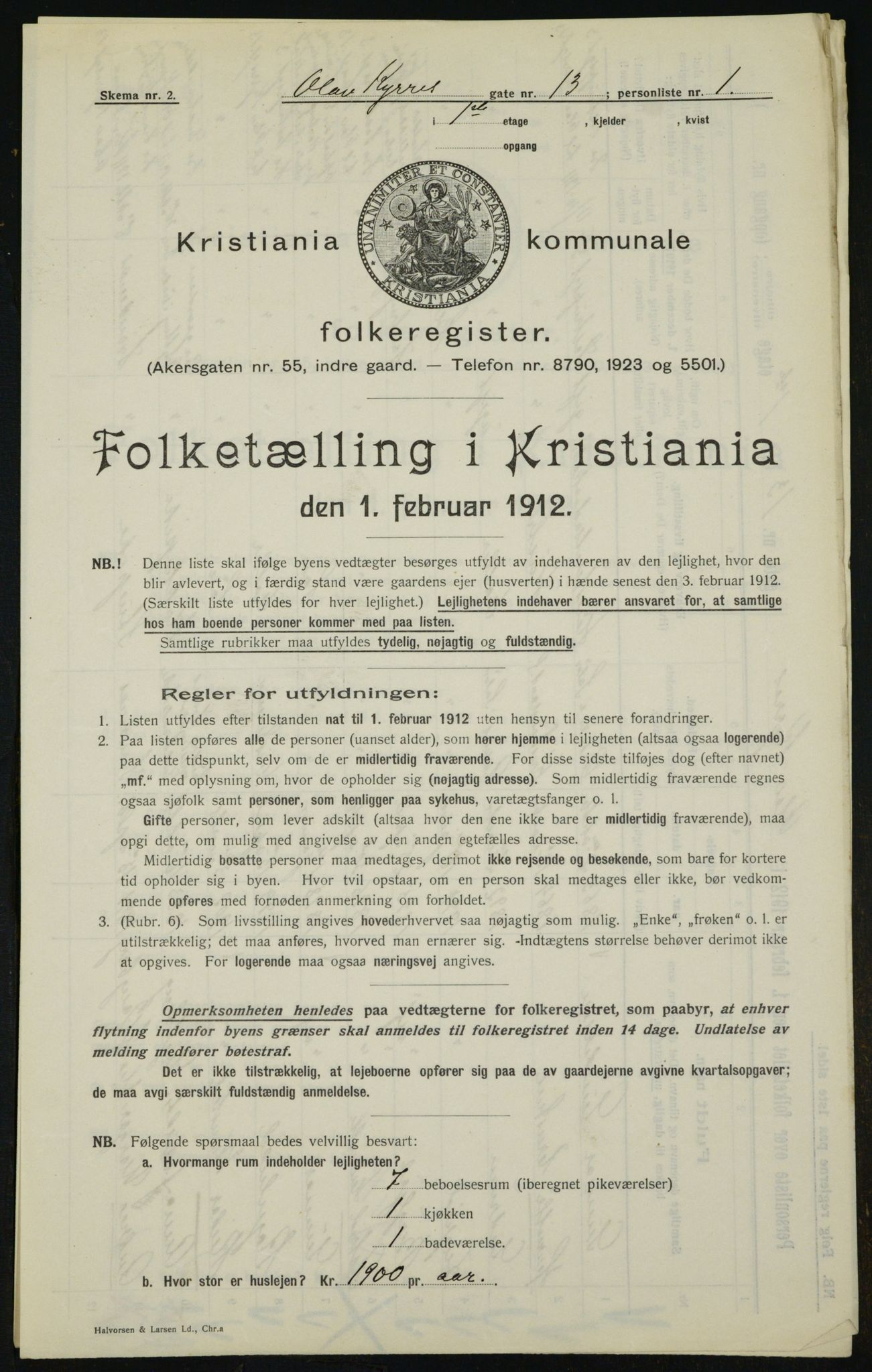 OBA, Kommunal folketelling 1.2.1912 for Kristiania, 1912, s. 76001