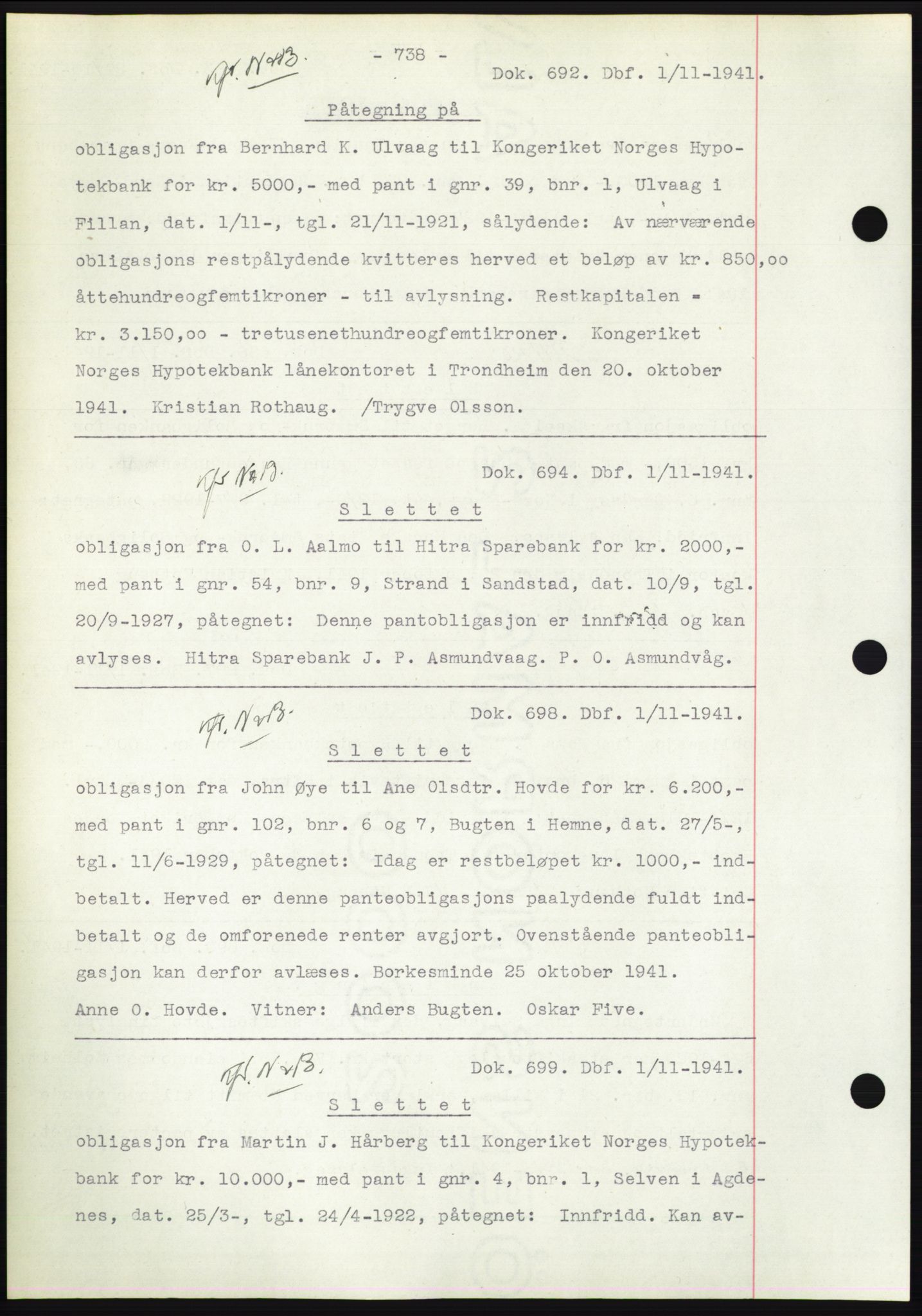 Hitra sorenskriveri, AV/SAT-A-0018/2/2C/2Ca: Pantebok nr. C1, 1936-1945, Dagboknr: 692/1941