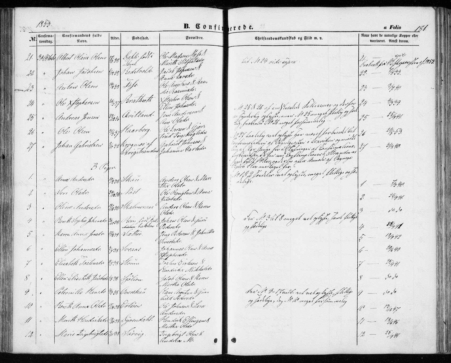 Ministerialprotokoller, klokkerbøker og fødselsregistre - Sør-Trøndelag, SAT/A-1456/646/L0611: Ministerialbok nr. 646A09, 1848-1857, s. 181