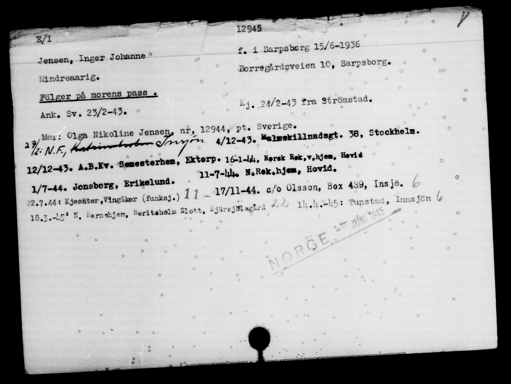 Utenriksstasjonene, Legasjonen i Stockholm, Flyktningkontoret, AV/RA-S-6753/V/Va/L0007: Kjesäterkartoteket, flyktninger med registreringsnr. 12700-15723, 1940-1945, s. 287
