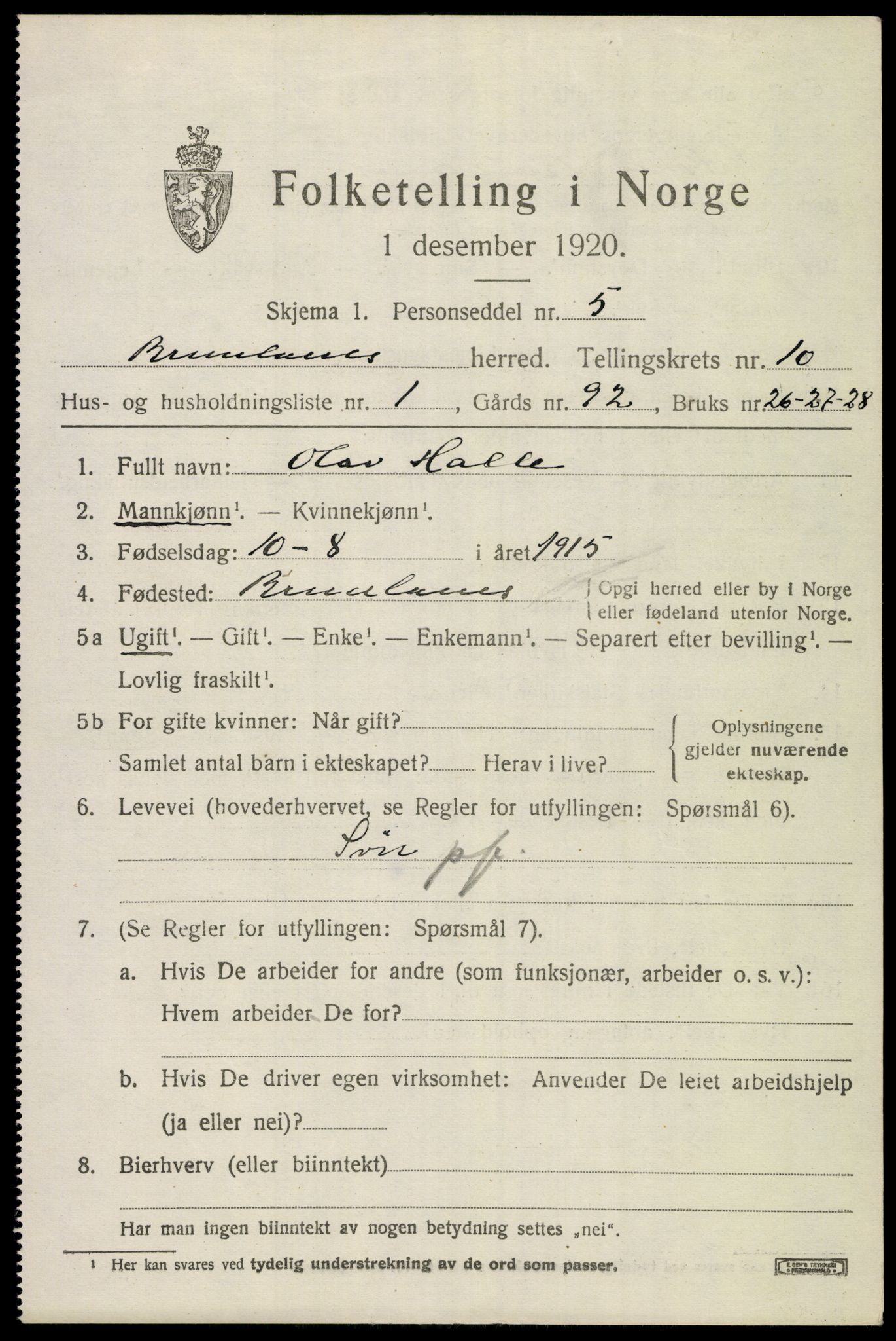 SAKO, Folketelling 1920 for 0726 Brunlanes herred, 1920, s. 8615