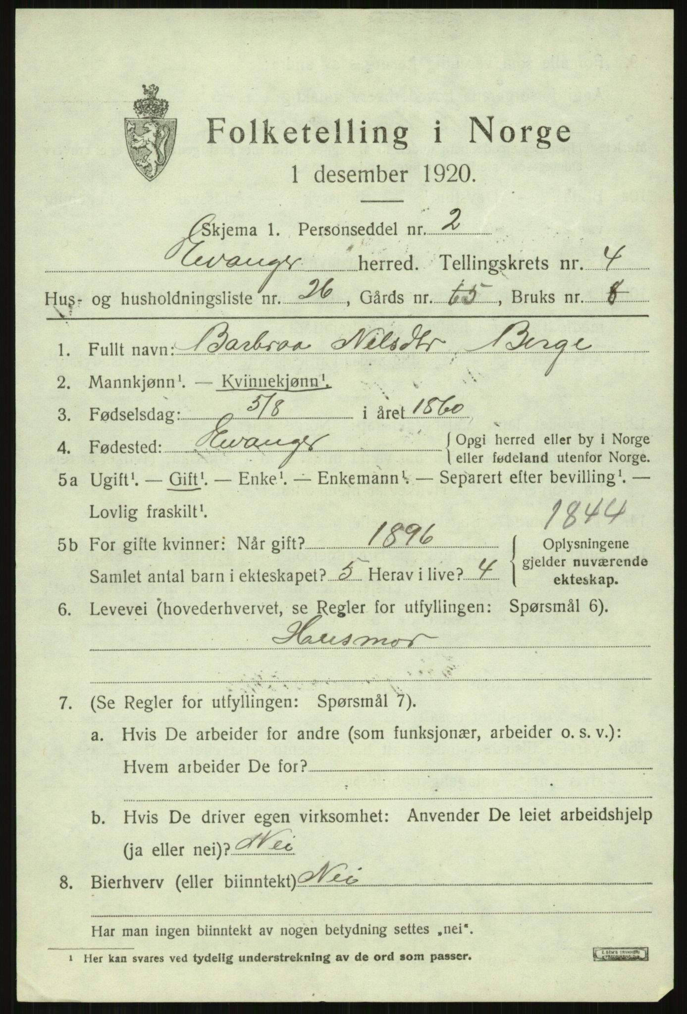 SAB, Folketelling 1920 for 1237 Evanger herred, 1920, s. 1651