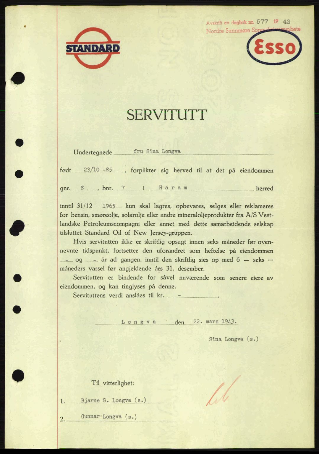 Nordre Sunnmøre sorenskriveri, AV/SAT-A-0006/1/2/2C/2Ca: Pantebok nr. A15, 1942-1943, Dagboknr: 577/1943