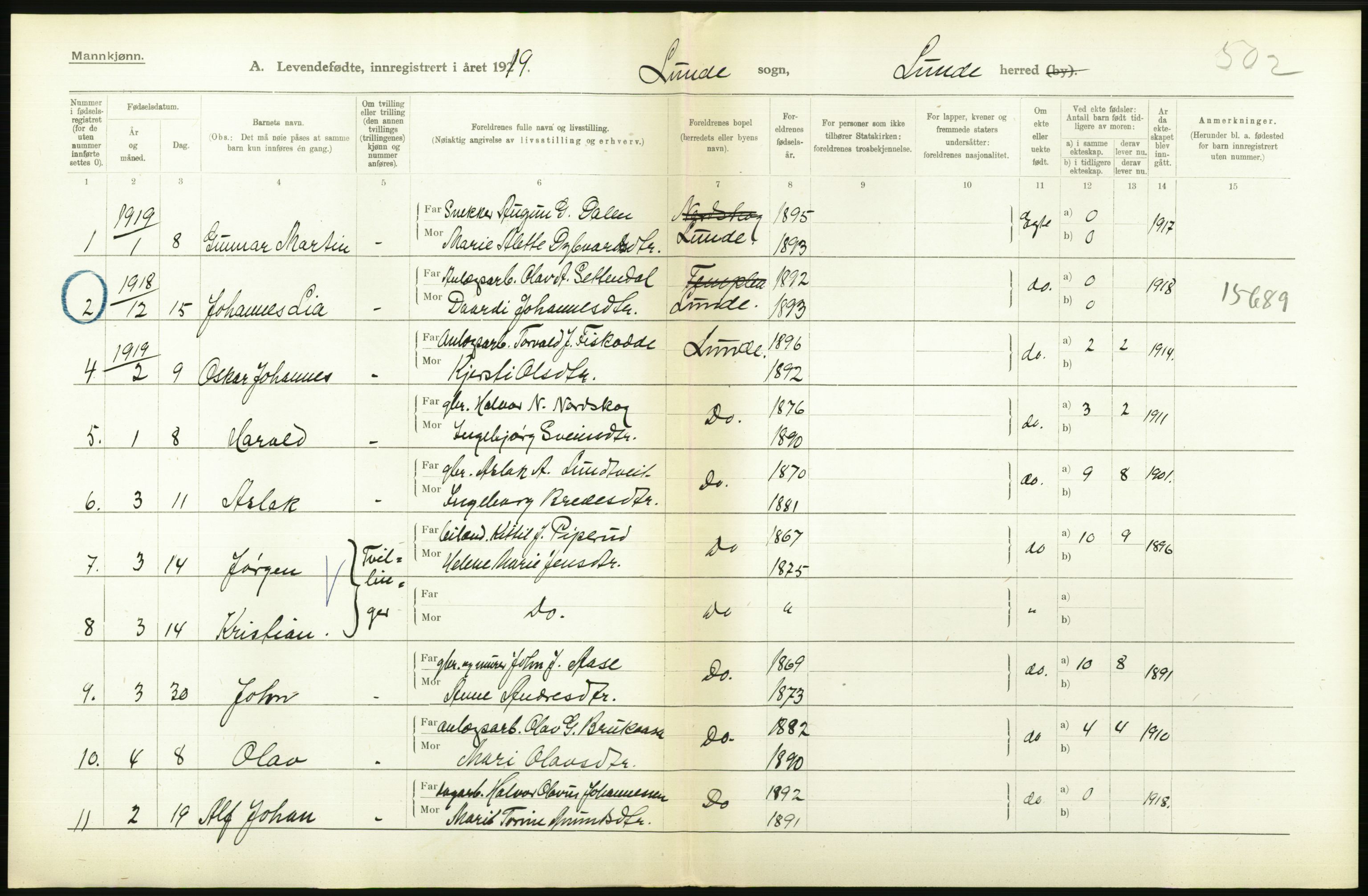 Statistisk sentralbyrå, Sosiodemografiske emner, Befolkning, AV/RA-S-2228/D/Df/Dfb/Dfbi/L0021: Telemark fylke: Levendefødte menn og kvinner. Bygder., 1919, s. 382