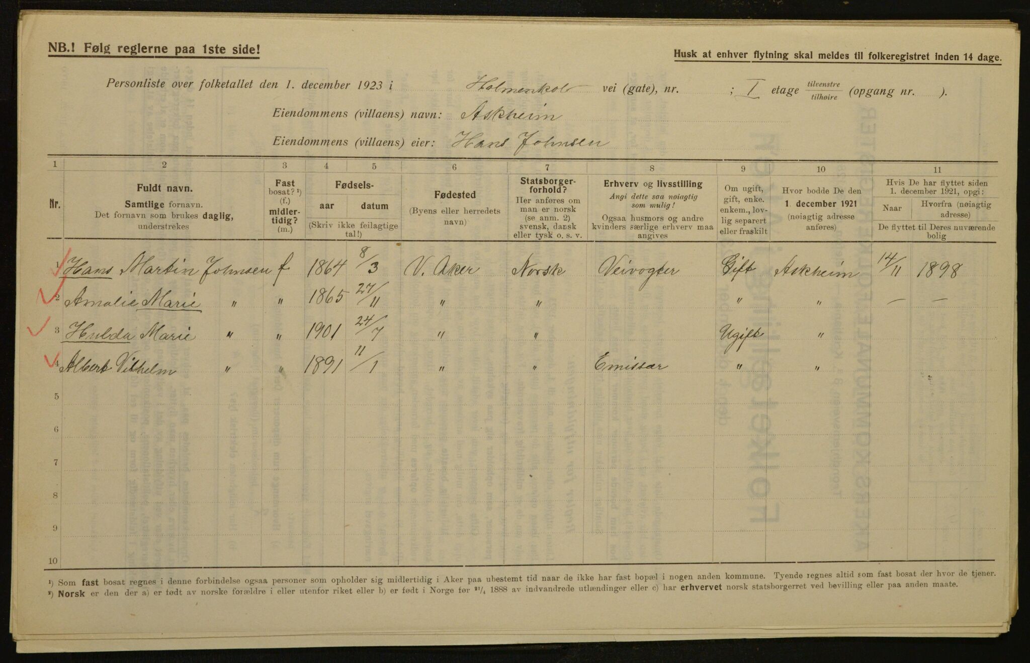 , Kommunal folketelling 1.12.1923 for Aker, 1923, s. 2696