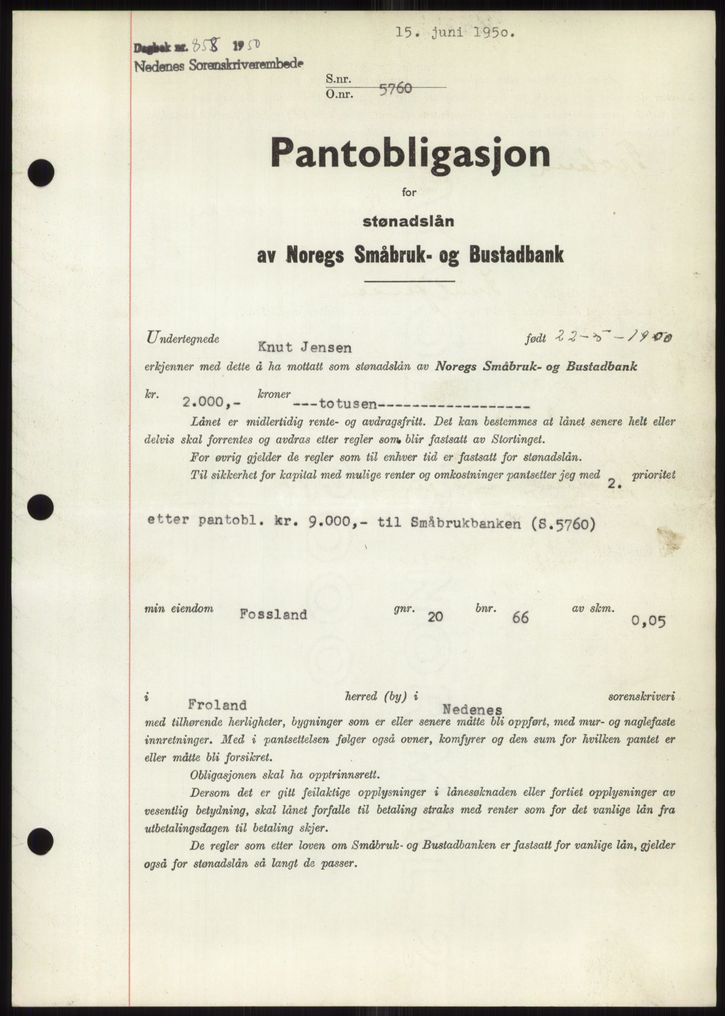 Nedenes sorenskriveri, SAK/1221-0006/G/Gb/Gbb/L0007: Pantebok nr. B7, 1949-1950, Dagboknr: 858/1950