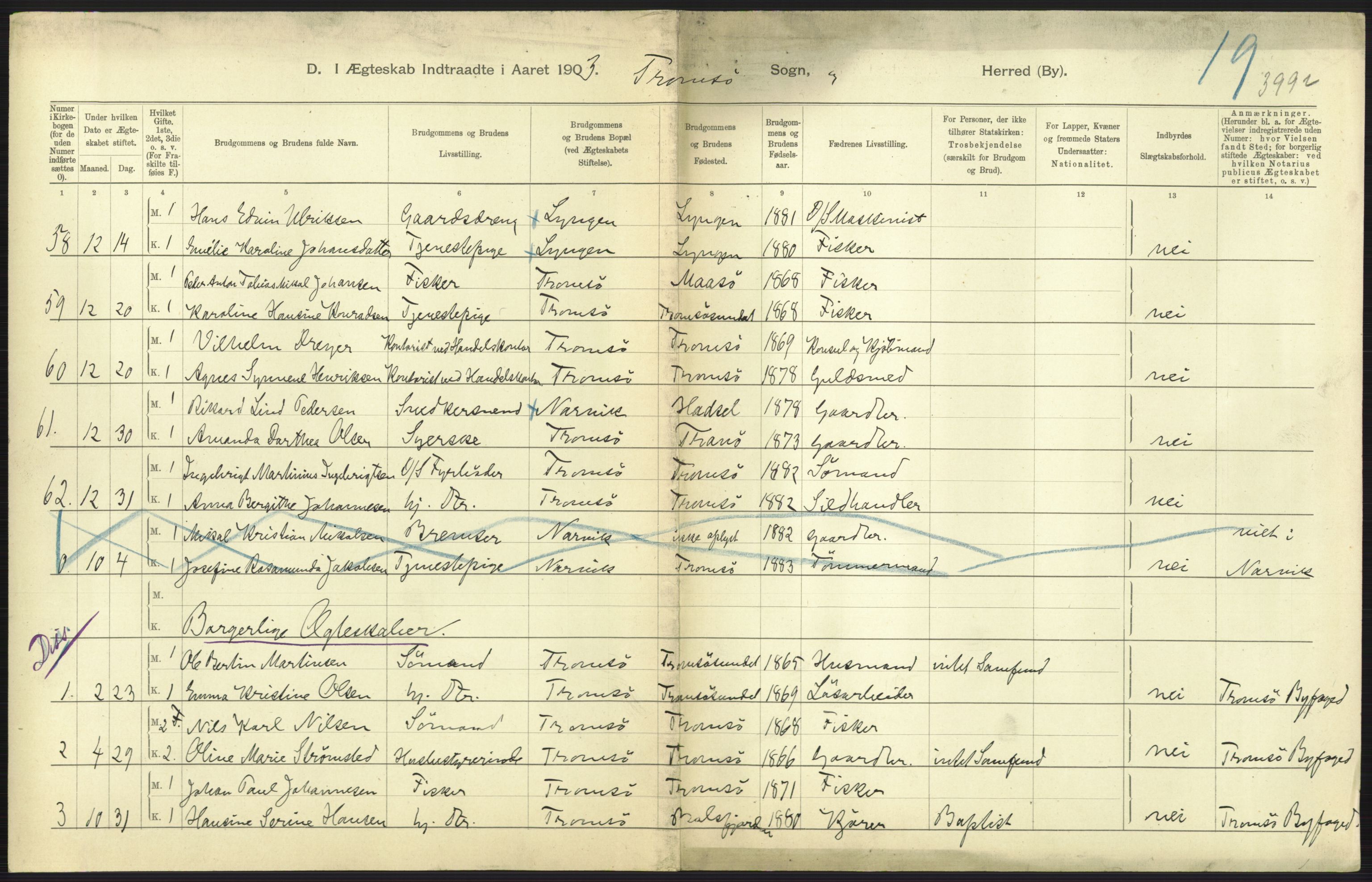 Statistisk sentralbyrå, Sosiodemografiske emner, Befolkning, RA/S-2228/D/Df/Dfa/Dfaa/L0021: Tromsø amt: Fødte, gifte, døde., 1903, s. 377