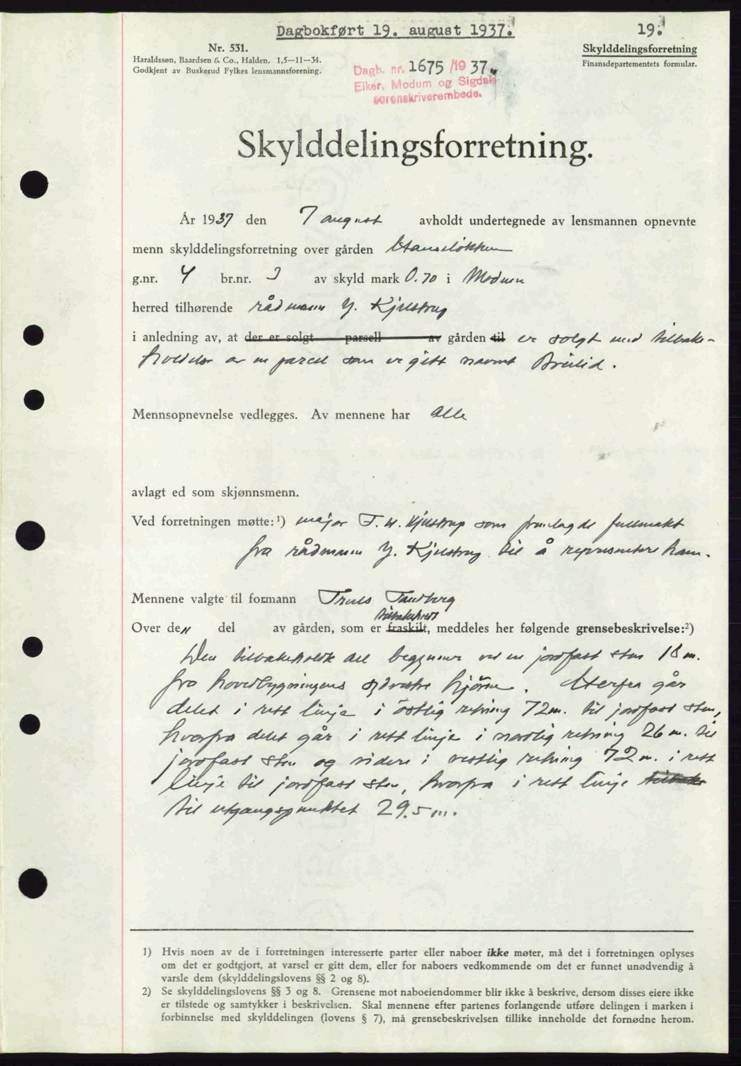 Eiker, Modum og Sigdal sorenskriveri, SAKO/A-123/G/Ga/Gab/L0036: Pantebok nr. A6, 1937-1937, Dagboknr: 1675/1937