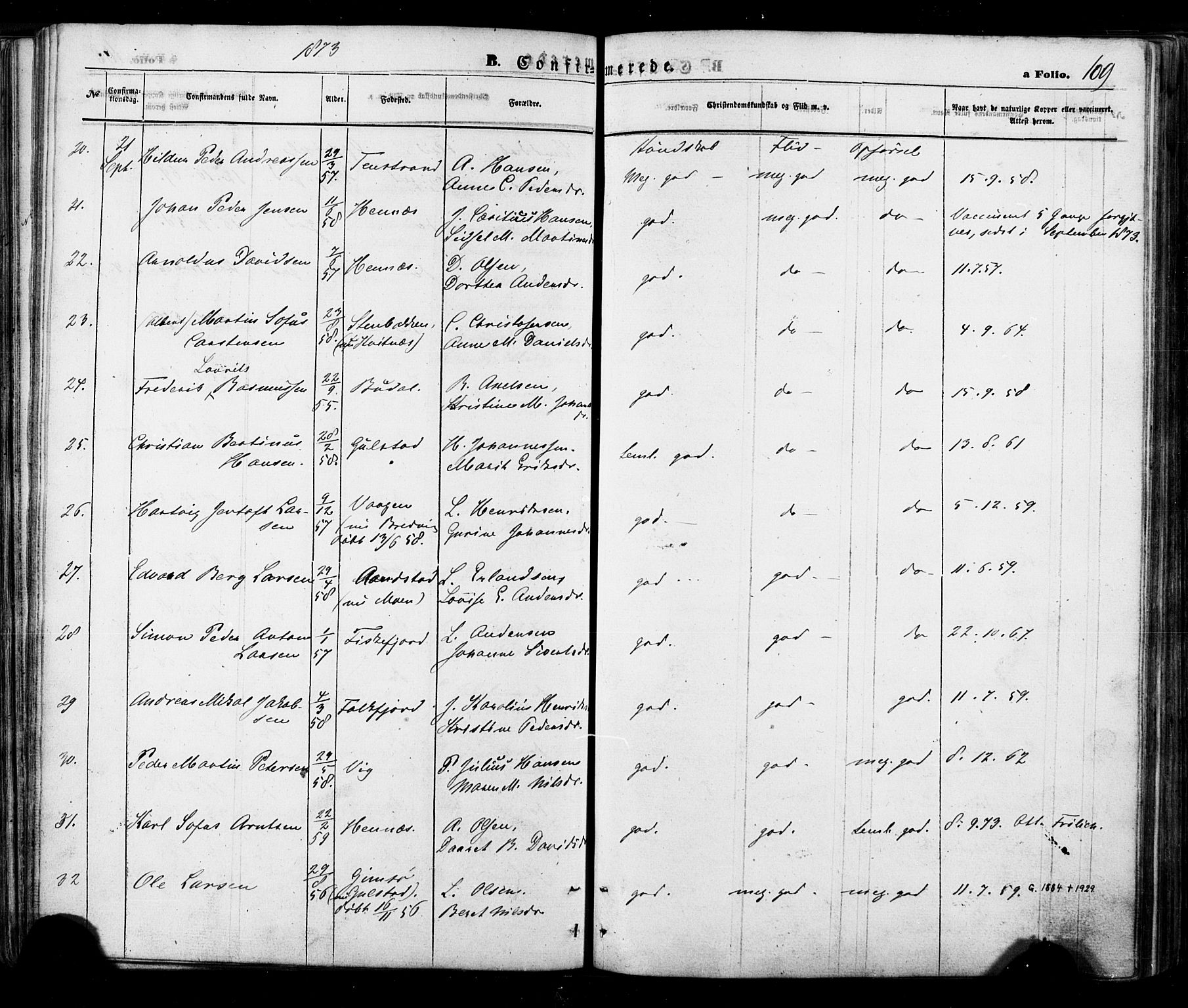 Ministerialprotokoller, klokkerbøker og fødselsregistre - Nordland, AV/SAT-A-1459/888/L1242: Ministerialbok nr. 888A08, 1870-1875, s. 109