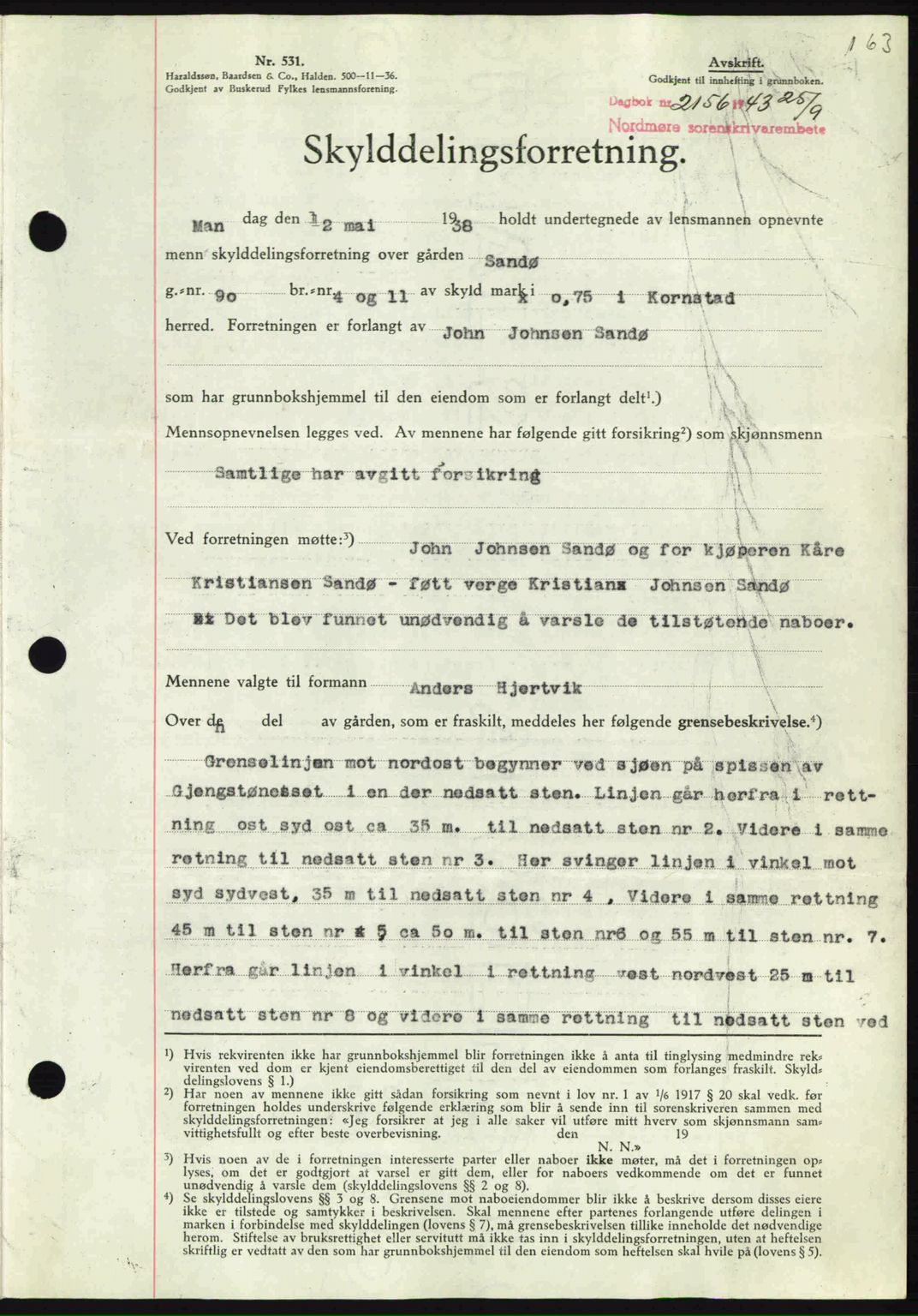 Nordmøre sorenskriveri, SAT/A-4132/1/2/2Ca: Pantebok nr. A96, 1943-1944, Dagboknr: 2156/1943