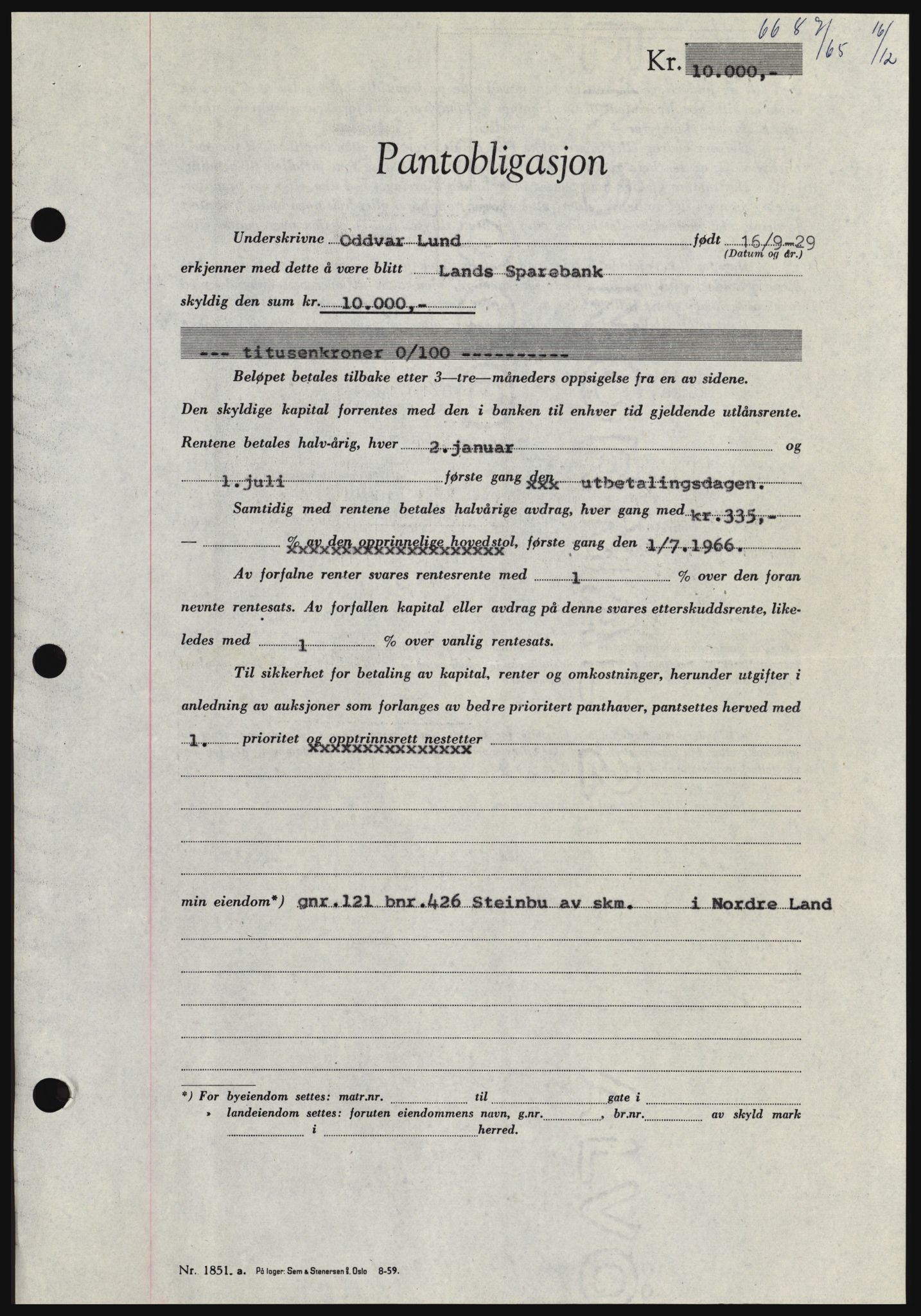 Hadeland og Land tingrett, SAH/TING-010/H/Hb/Hbc/L0061: Pantebok nr. B61, 1965-1966, Dagboknr: 6687/1965