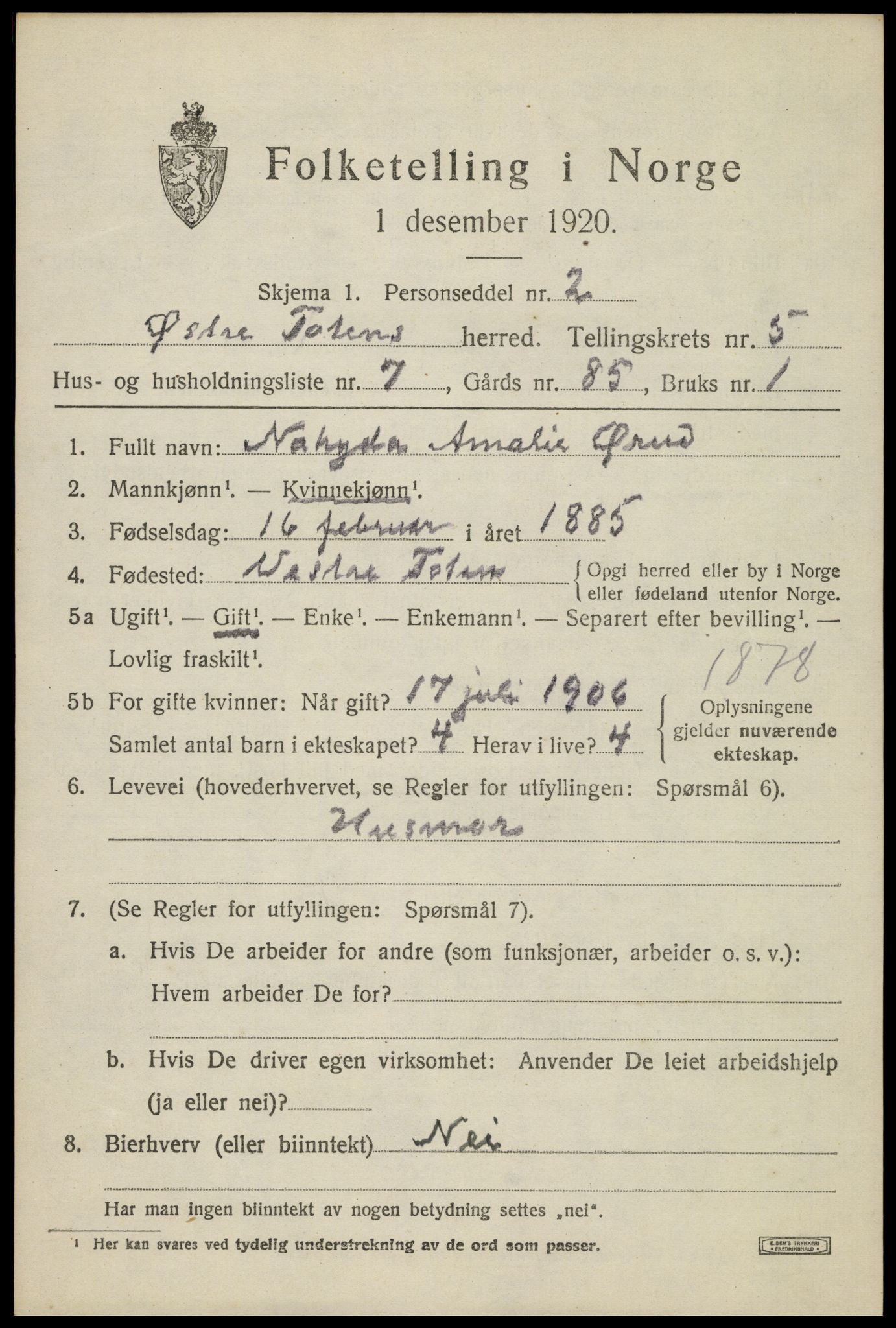 SAH, Folketelling 1920 for 0528 Østre Toten herred, 1920, s. 10850