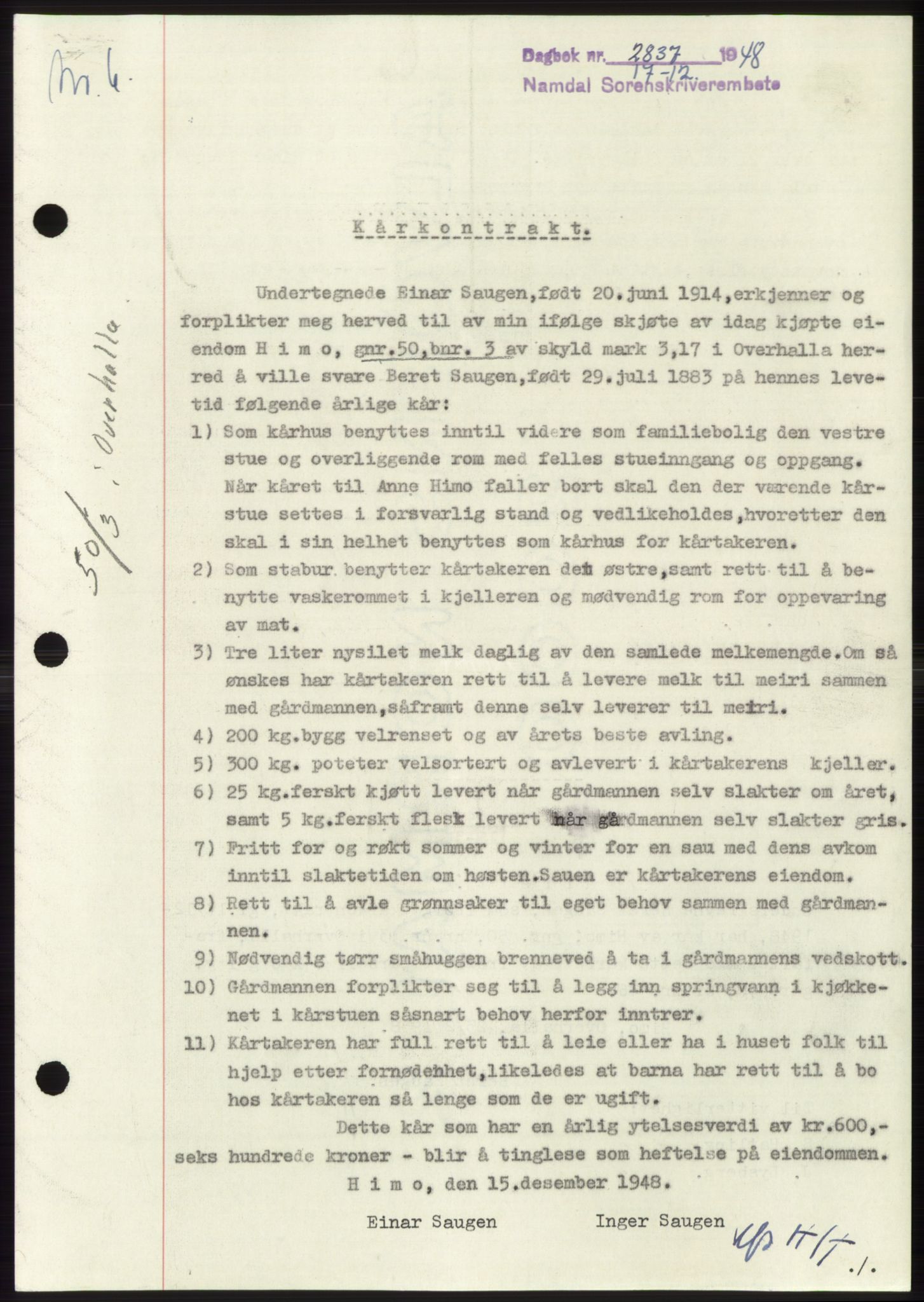 Namdal sorenskriveri, SAT/A-4133/1/2/2C: Pantebok nr. -, 1948-1948, Dagboknr: 2837/1948