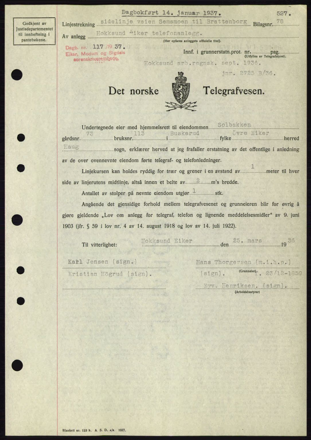 Eiker, Modum og Sigdal sorenskriveri, SAKO/A-123/G/Ga/Gab/L0034: Pantebok nr. A4, 1936-1937, Dagboknr: 117/1937