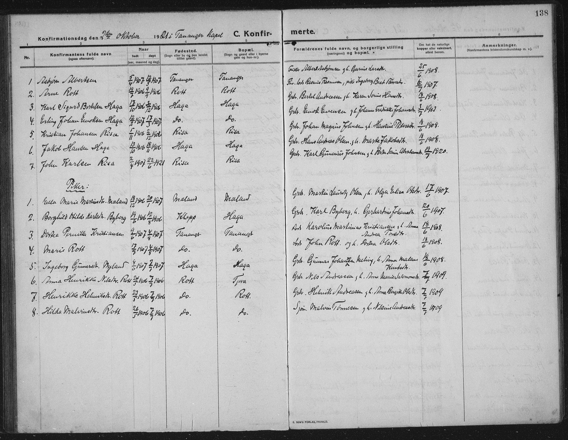 Håland sokneprestkontor, AV/SAST-A-101802/002/C/L0001: Ministerialbok nr. A 14, 1913-1927, s. 138