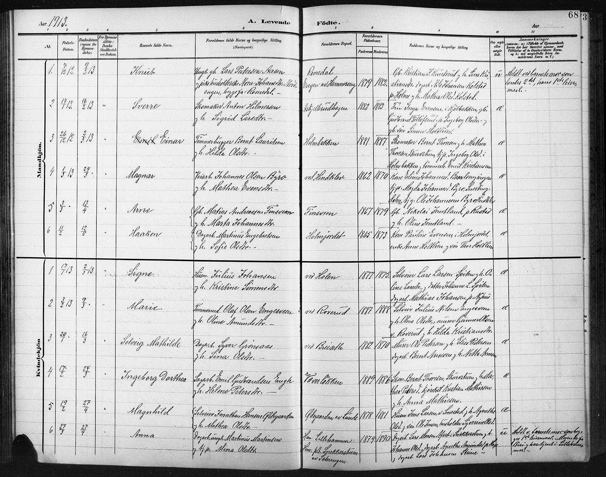 Fåberg prestekontor, AV/SAH-PREST-086/H/Ha/Hab/L0012: Klokkerbok nr. 12, 1903-1924, s. 68