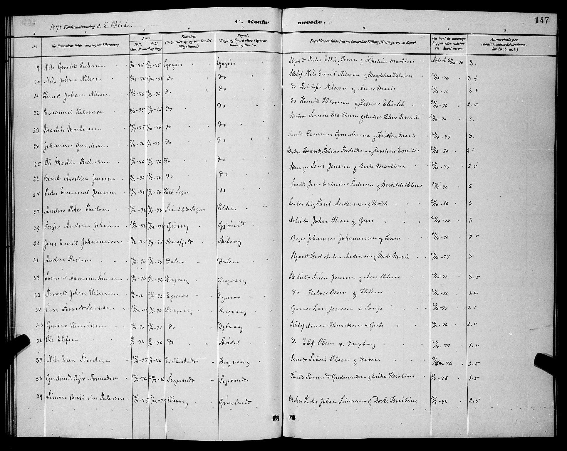 Dypvåg sokneprestkontor, AV/SAK-1111-0007/F/Fb/Fba/L0013: Klokkerbok nr. B 13, 1887-1900, s. 147