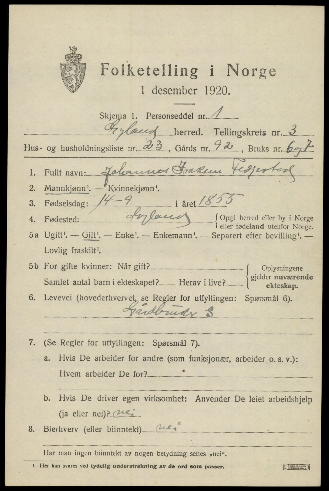 SAK, Folketelling 1920 for 1044 Gyland herred, 1920, s. 1026