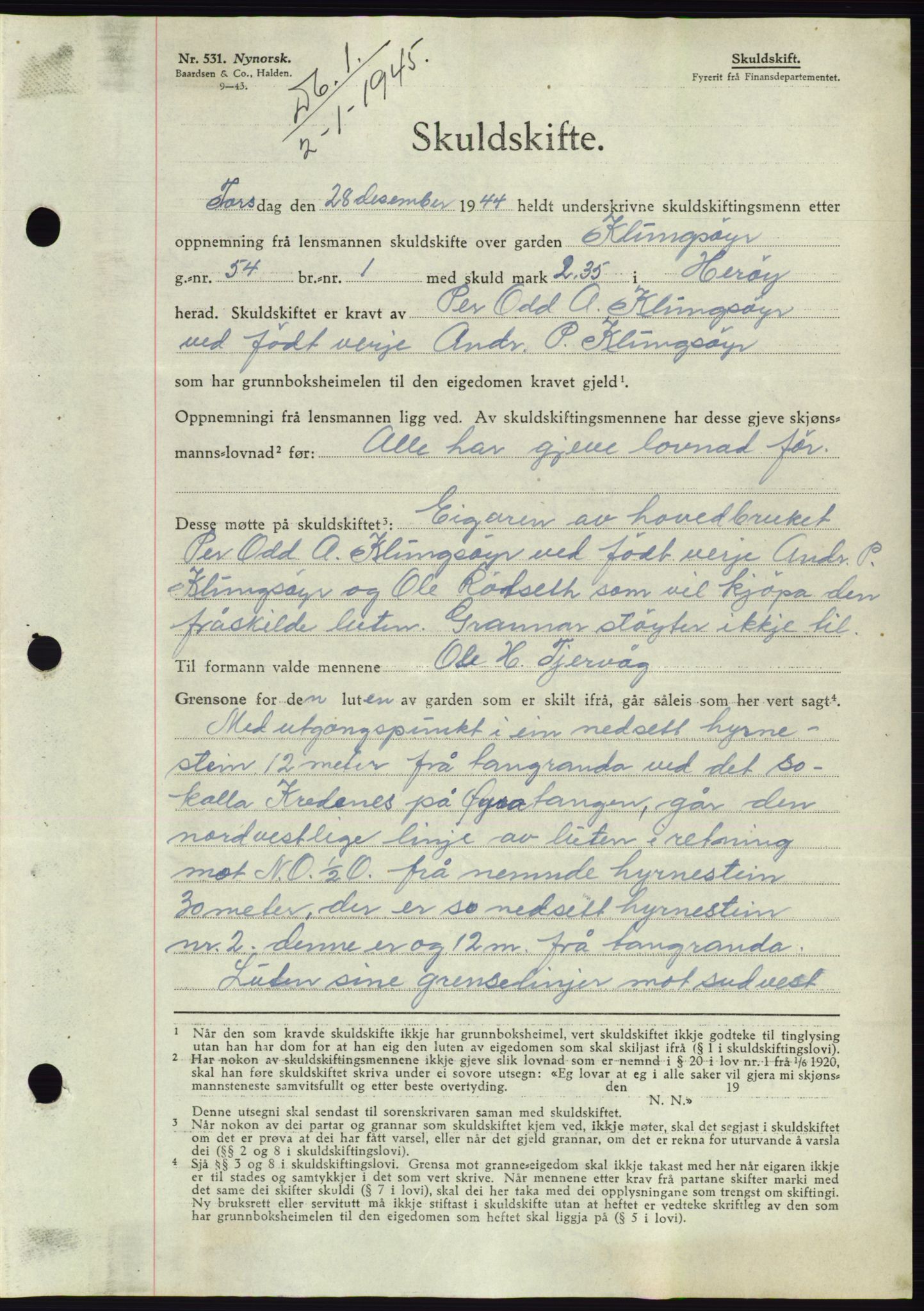 Søre Sunnmøre sorenskriveri, AV/SAT-A-4122/1/2/2C/L0077: Pantebok nr. 3A, 1945-1946, Dagboknr: 1/1945